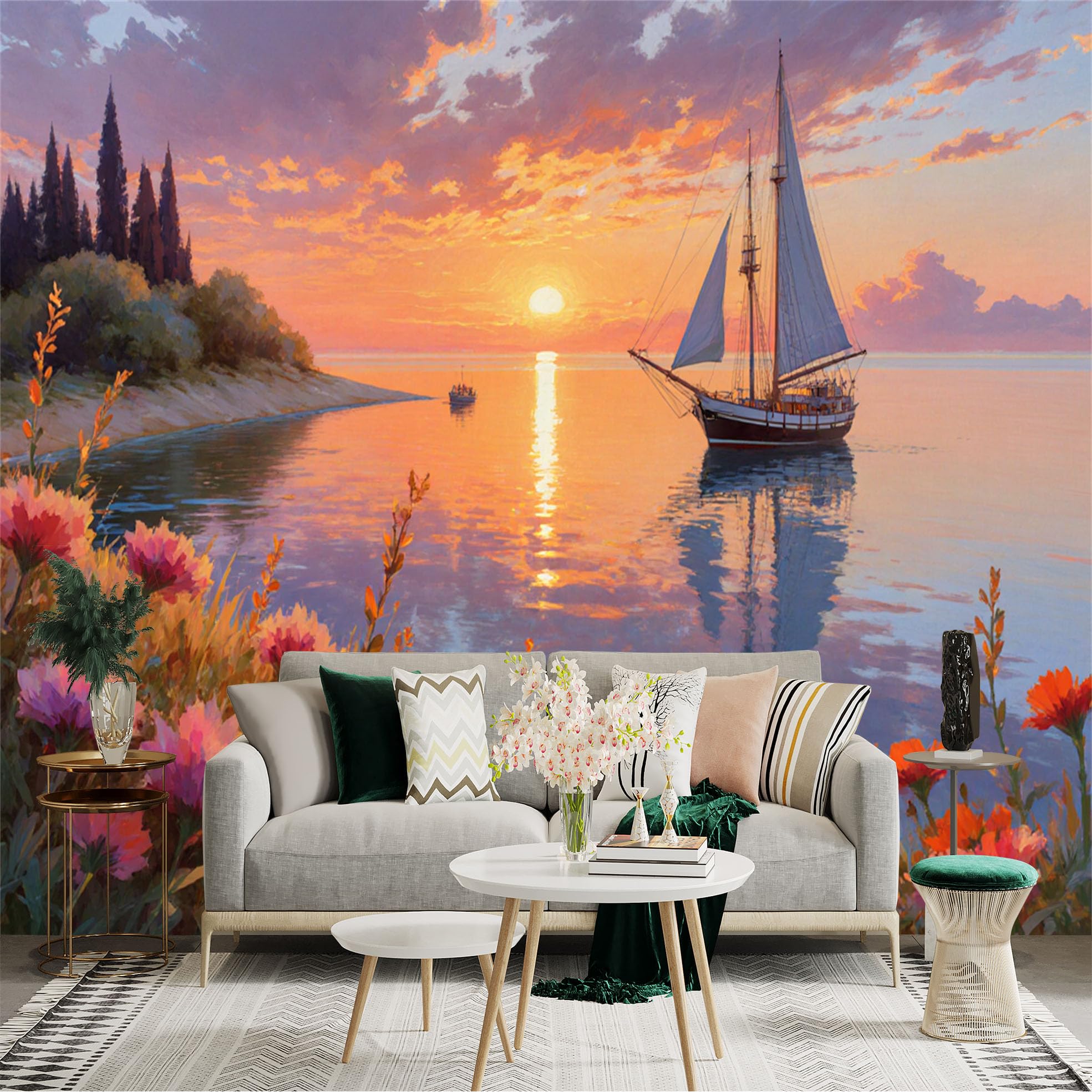 Lnzczhyre Xc260505249 Custom Size Wall Sticker Mural， Sailboat At Sunset， Calm Ocean View， Vibrant Coastal Wildflowers， Serene Seascape Art， For Wall Decoration， Peelandstick Wall Decals.