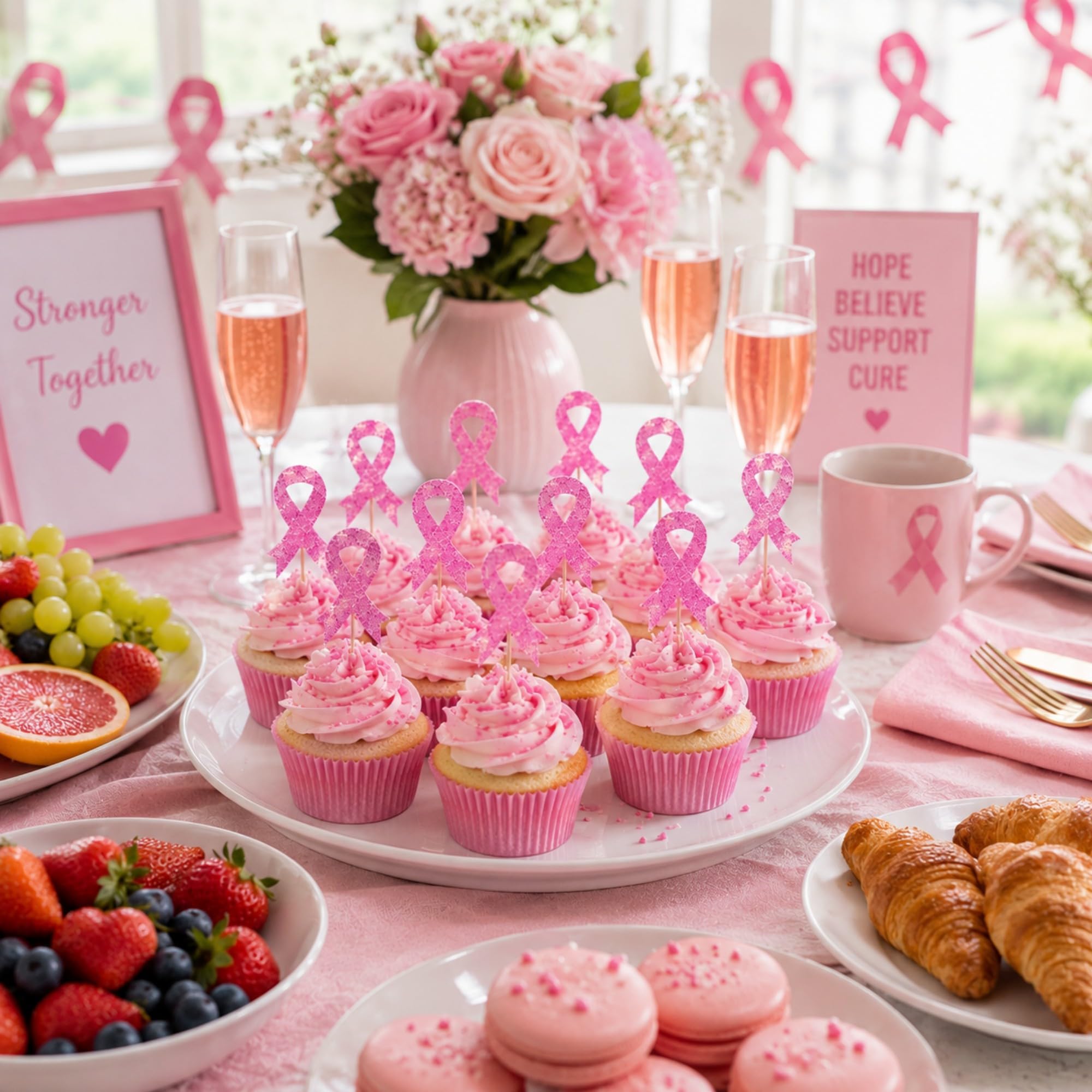 Xsstarmi 24 Cupcake-Topper – Brustkrebs-Bewusstsein Mit Rosa Band, Glitzer, Einseitig Glänzend, Vormontiert – Ideal Für Pink-Partys & Frauengesundheits-Events