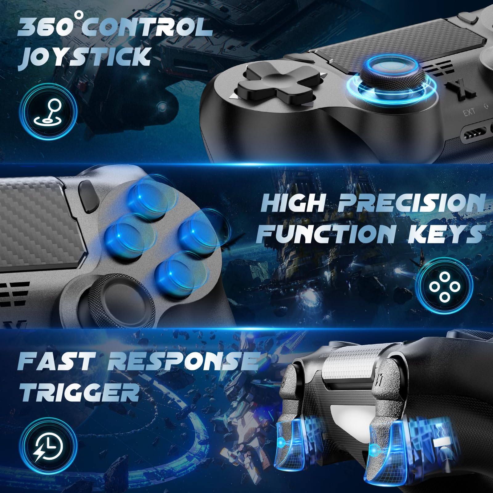 Glitfix Wireless Controller for PS-4, Upgraded Controller Wireless for PS-4/Slim/PC, Bluetooth Gamepad Joystick with Dual Vibration/Touch Panel/ 3.5mm Audio Jack/Six-Axis/Ergonomic(Black) — view 3