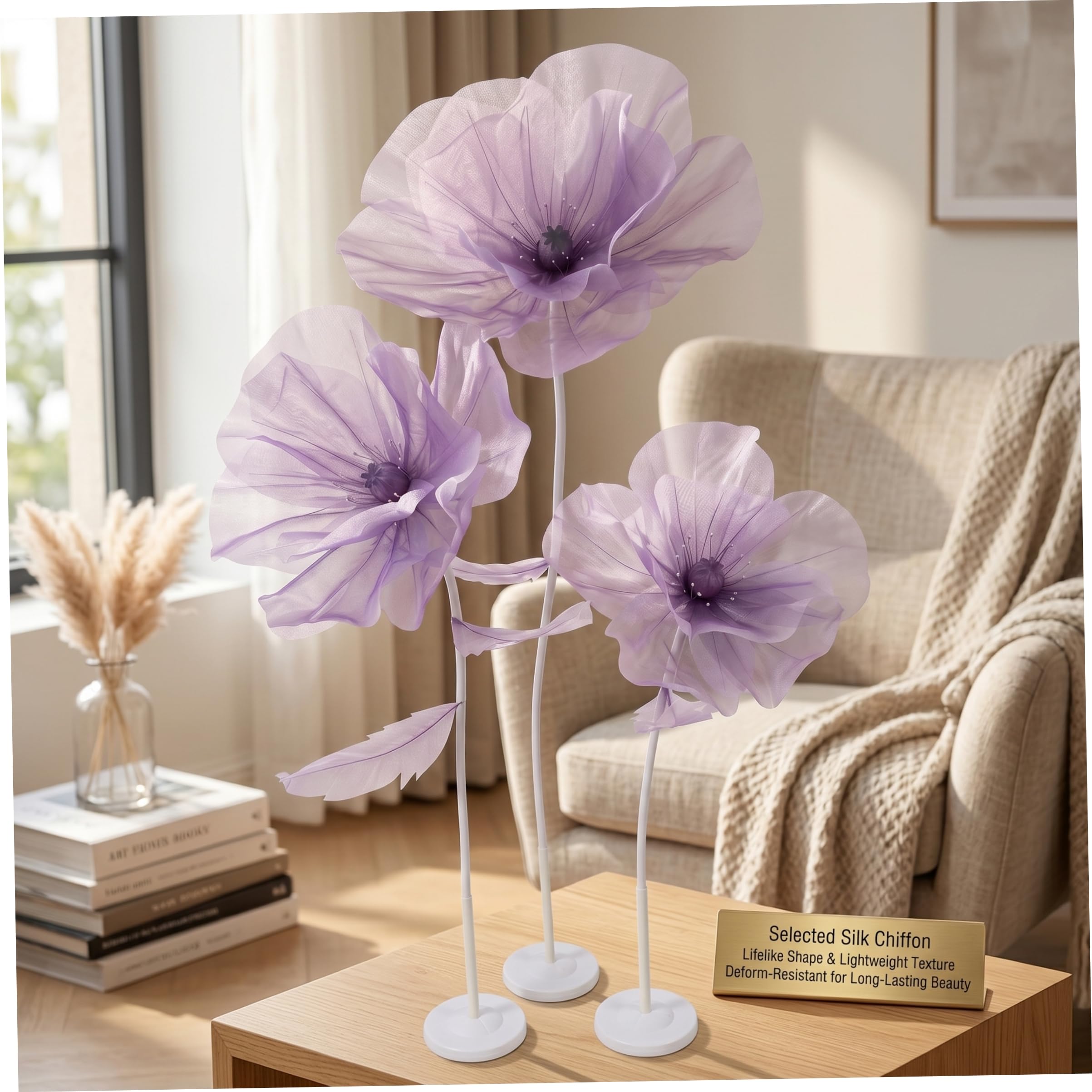 Latemeia Giant Flowers for Decoration with Stand, 9.8inch 3 Heads Giant Organza Flower, Large Flower Backdrop Decoration for Garden, Hotel, Photography Props, Wedding Decorations (Style 2)