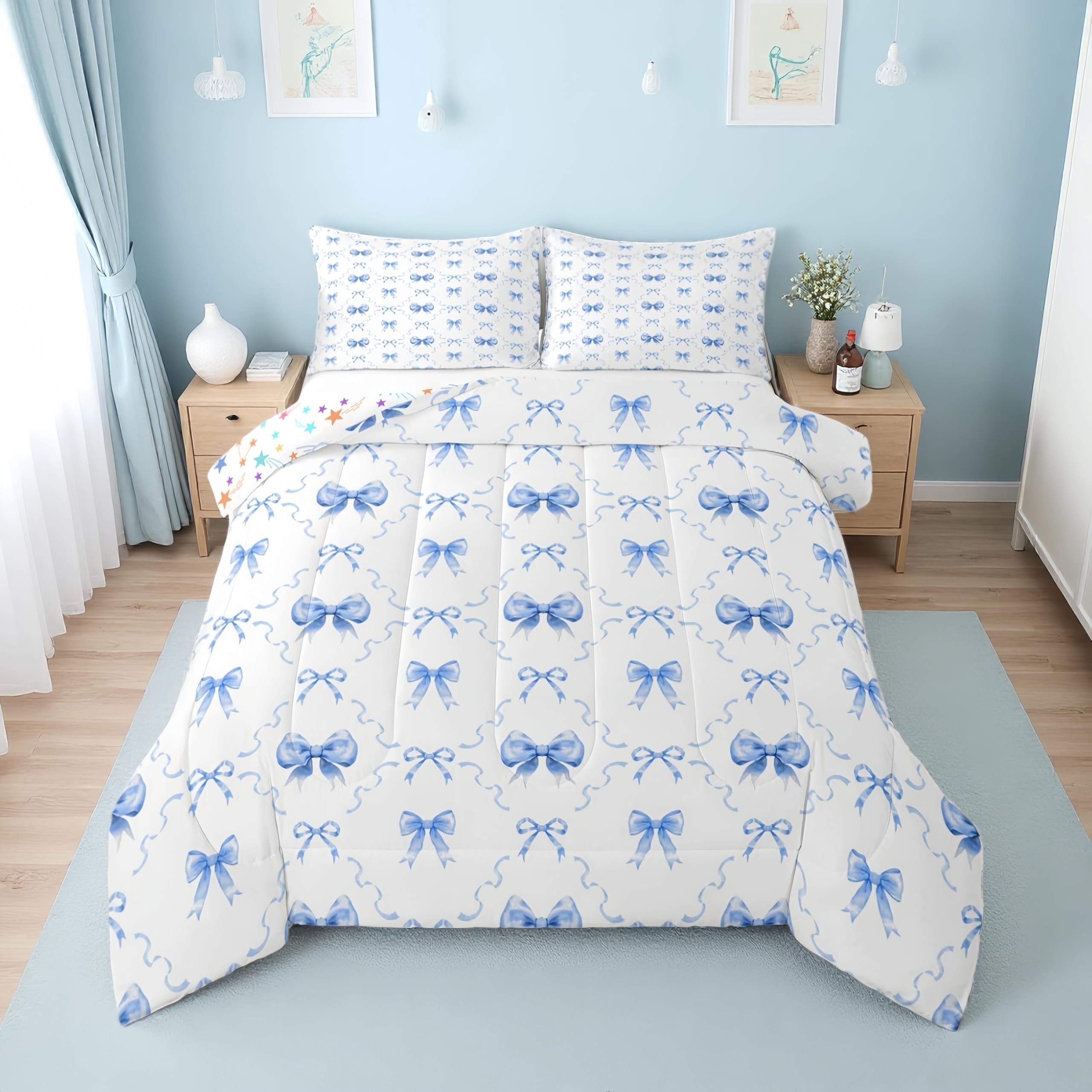 Erosebridal Blue and White Bow Full Comforter Set for Girls | Cute Blue Ribbon Bow Tie Bedding Set for Kids Women, Coquette Bowknot Quilt, Princess Bows Bedroom Decor, 2 Pillowcases