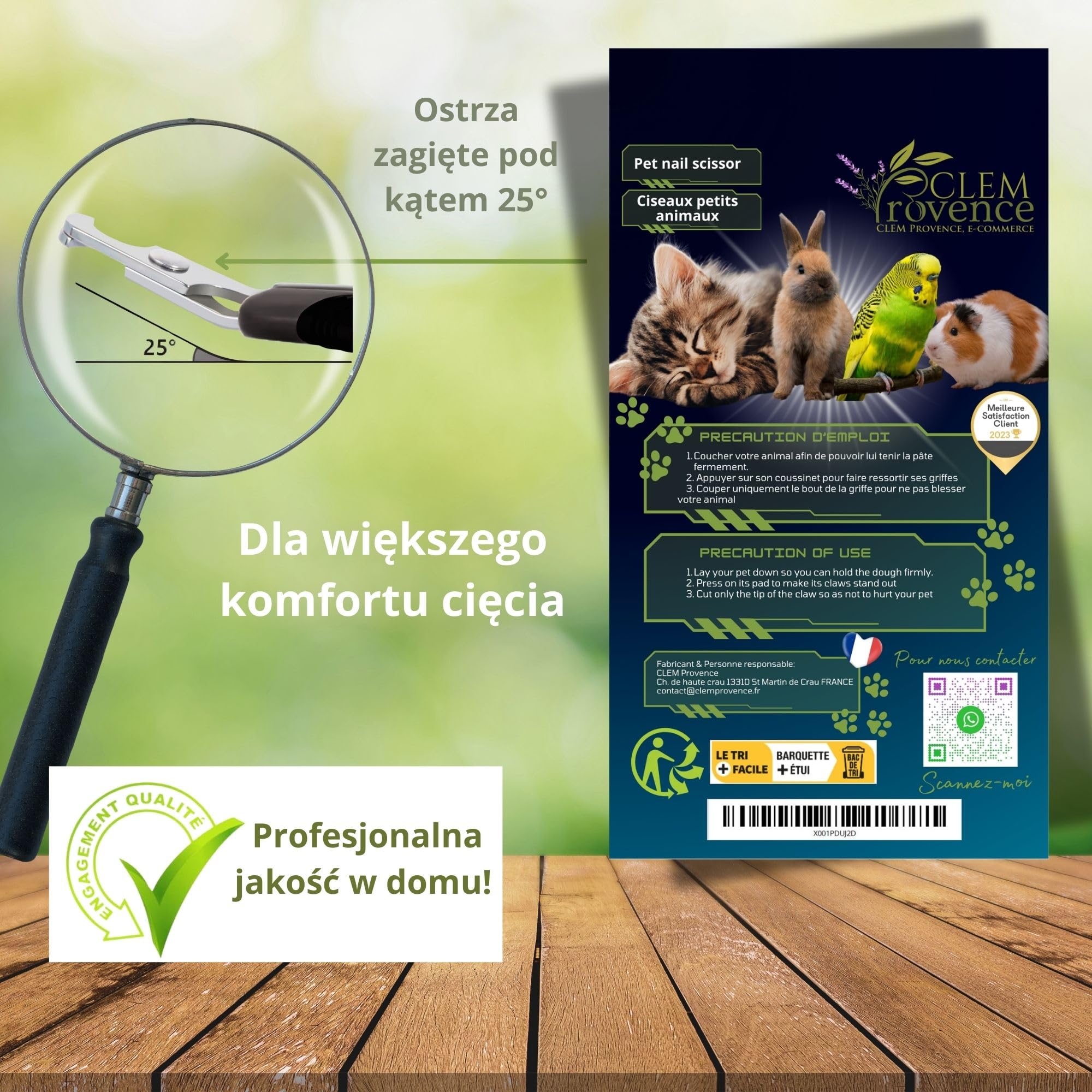 Obcinaczki do Pazurów Kota, Małych Psów i Królików - Weterynaryjne Cążki z Zakrzywionym Ostrzem 25° ze Stali Nierdzewnej, Ergonomiczny Uchwyt Antypoślizgowy - CLEM Provence
