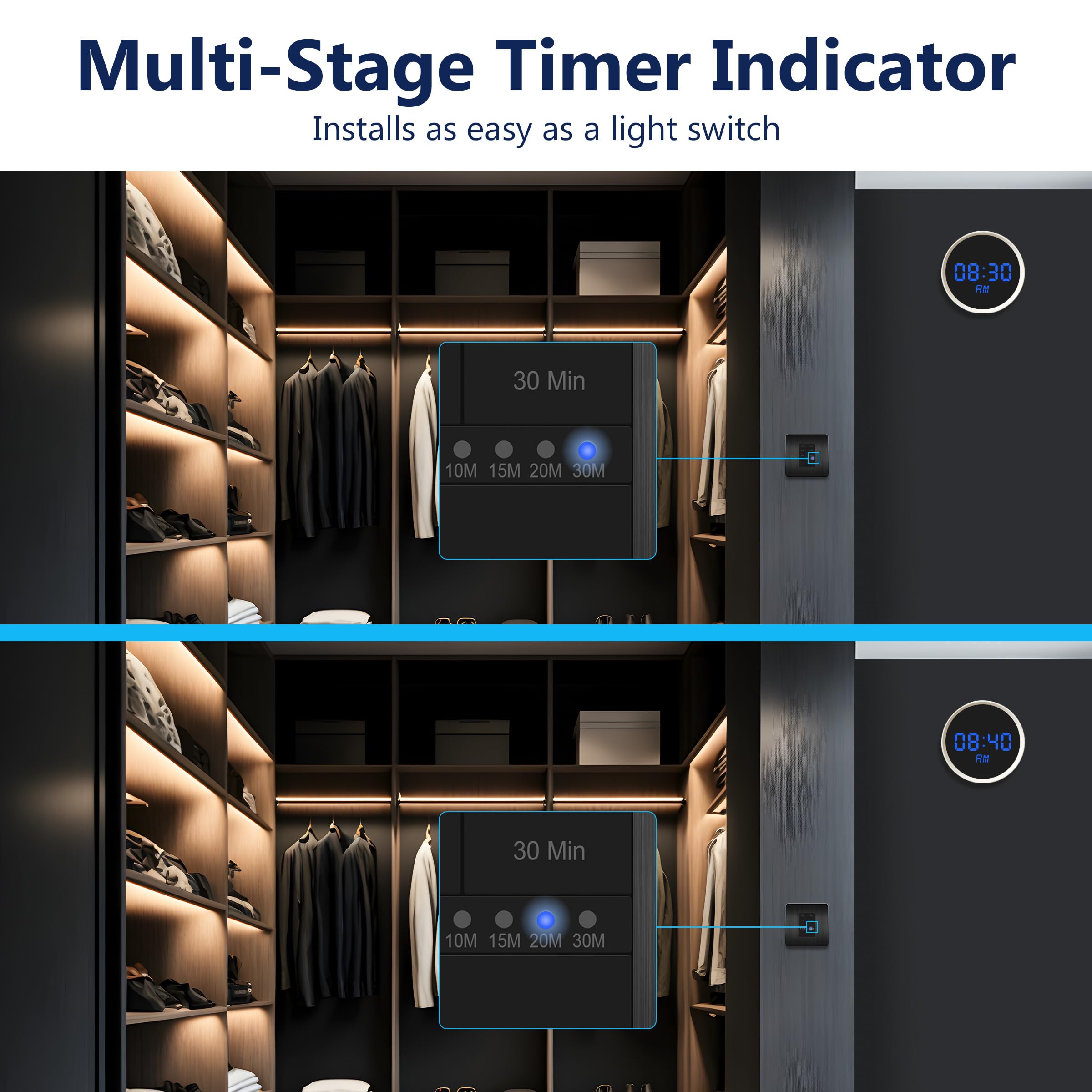 LIDER Interruptor temporizador de cuenta regresiva de 30 minutos, interruptor temporizador enchufable para luz/ventilador, requiere tierra, no requiere neutro, indicador LED, placa de cubierta de