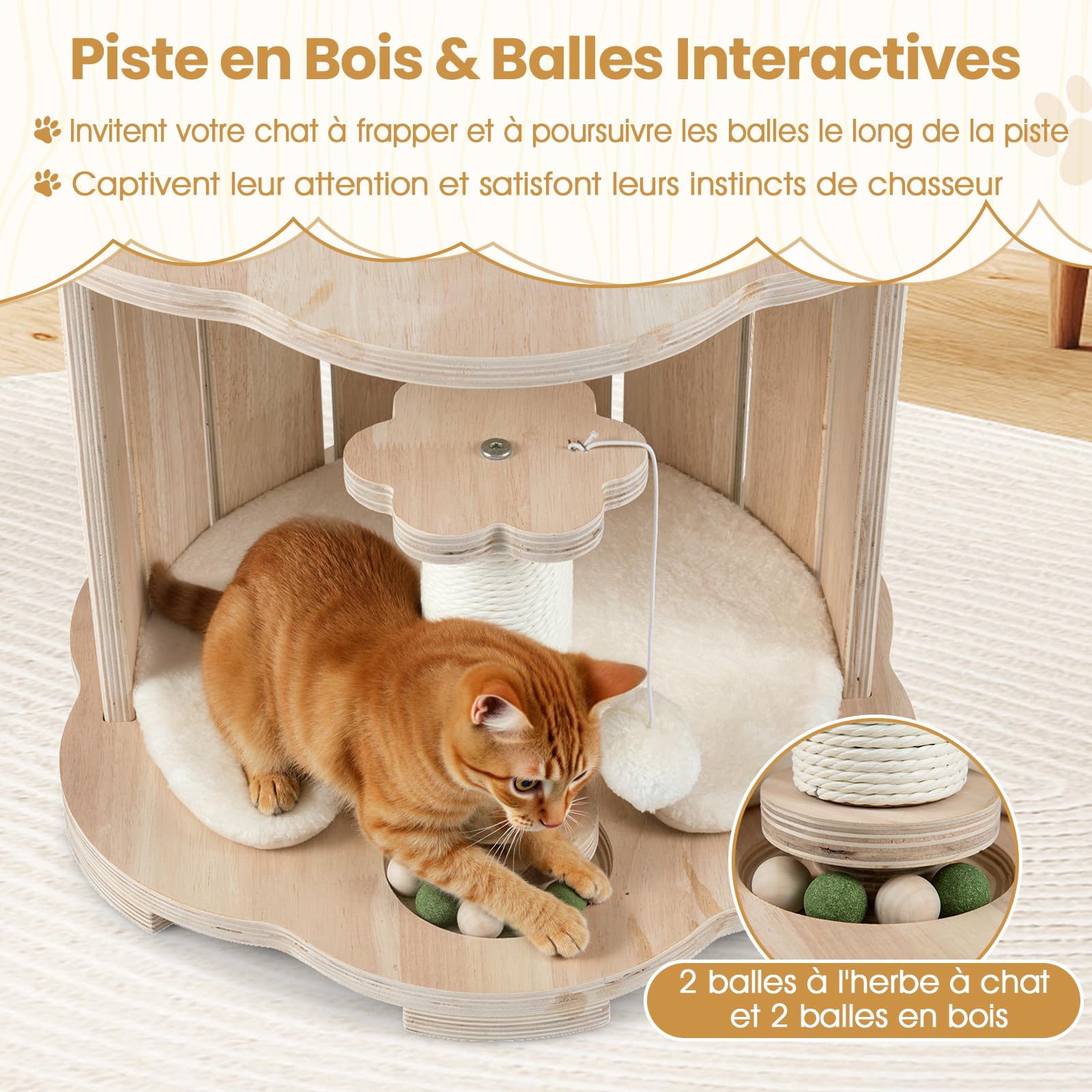 COSTWAY Petit Arbre à Chat Bois 73 cm, Condo, Capsule, Circuit à Billes pour Chat en Bois avec 4 Balles, 2 Poteaux à Griffer, Arbre a Chat Design, Coussin Amovible Lavable, Pompon Suspendu