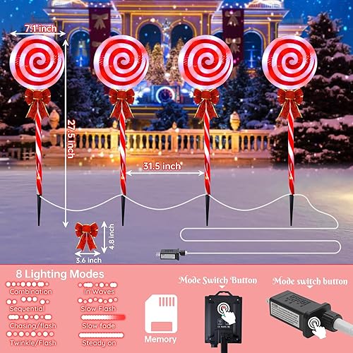 Miniatura 3 de Paquete de 4 luces de camino de piruleta de Navidad para exteriores con lazos, 80 luces LED solares de alto brillo, 8 modos, luces de paisaje