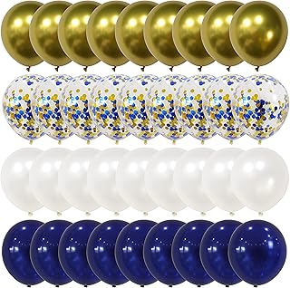 Tuoyi 100pcs Royal Blue Chrome Metallic Balloons Set, 12 Inch White Gold and Blue Balloons, Confetti Balloons for Wedding Baby Shower Engagement, Birthday Balloons