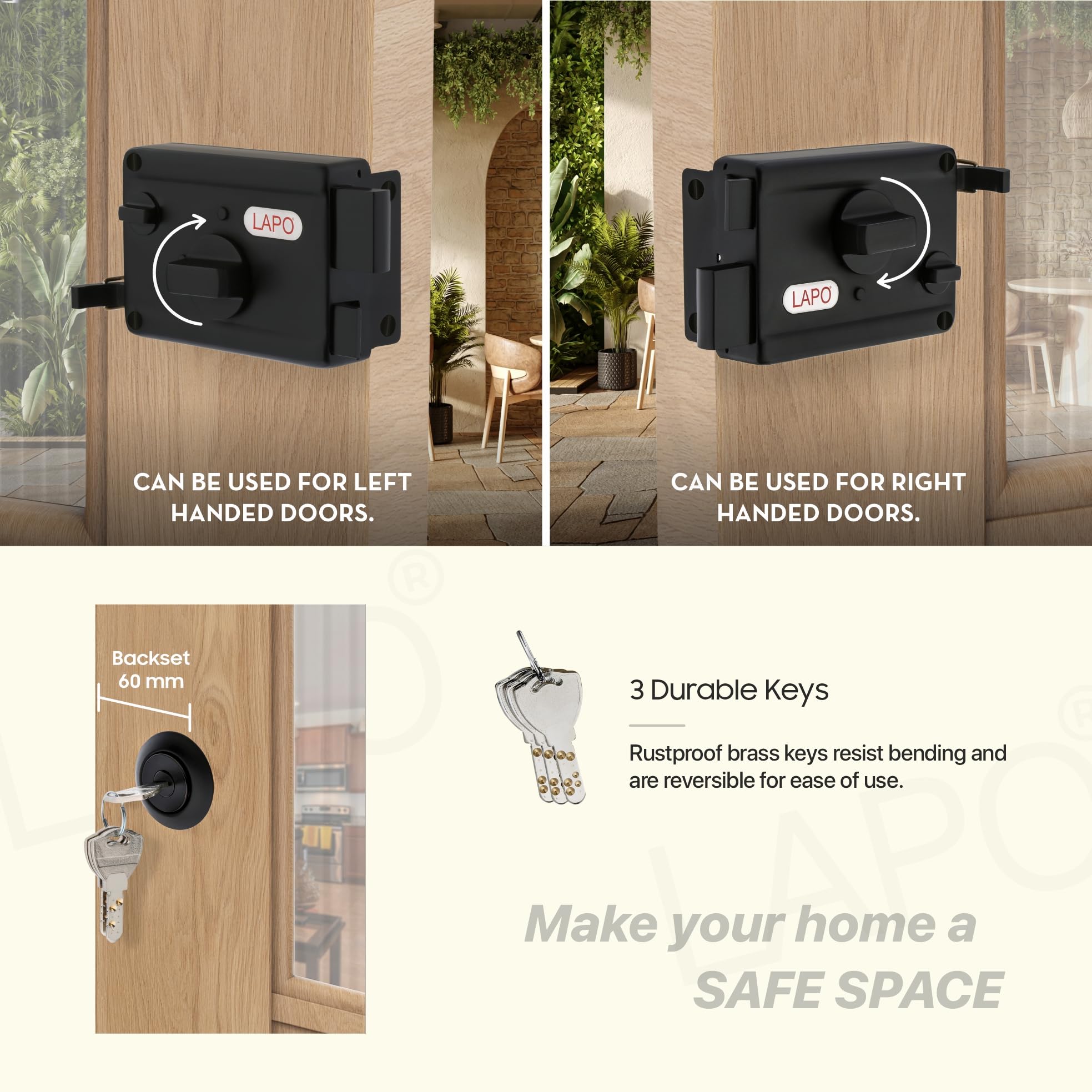 LAPO Rim Lock, Applicable to Main & Safety Doors, TwinPin Extreme Dead Bolt Lock, Suitable for Single, Sliding & Gate Doors, Black Finish, 3 Keys, Reversible Knob, 3 Years Warranty — Amazon image 6