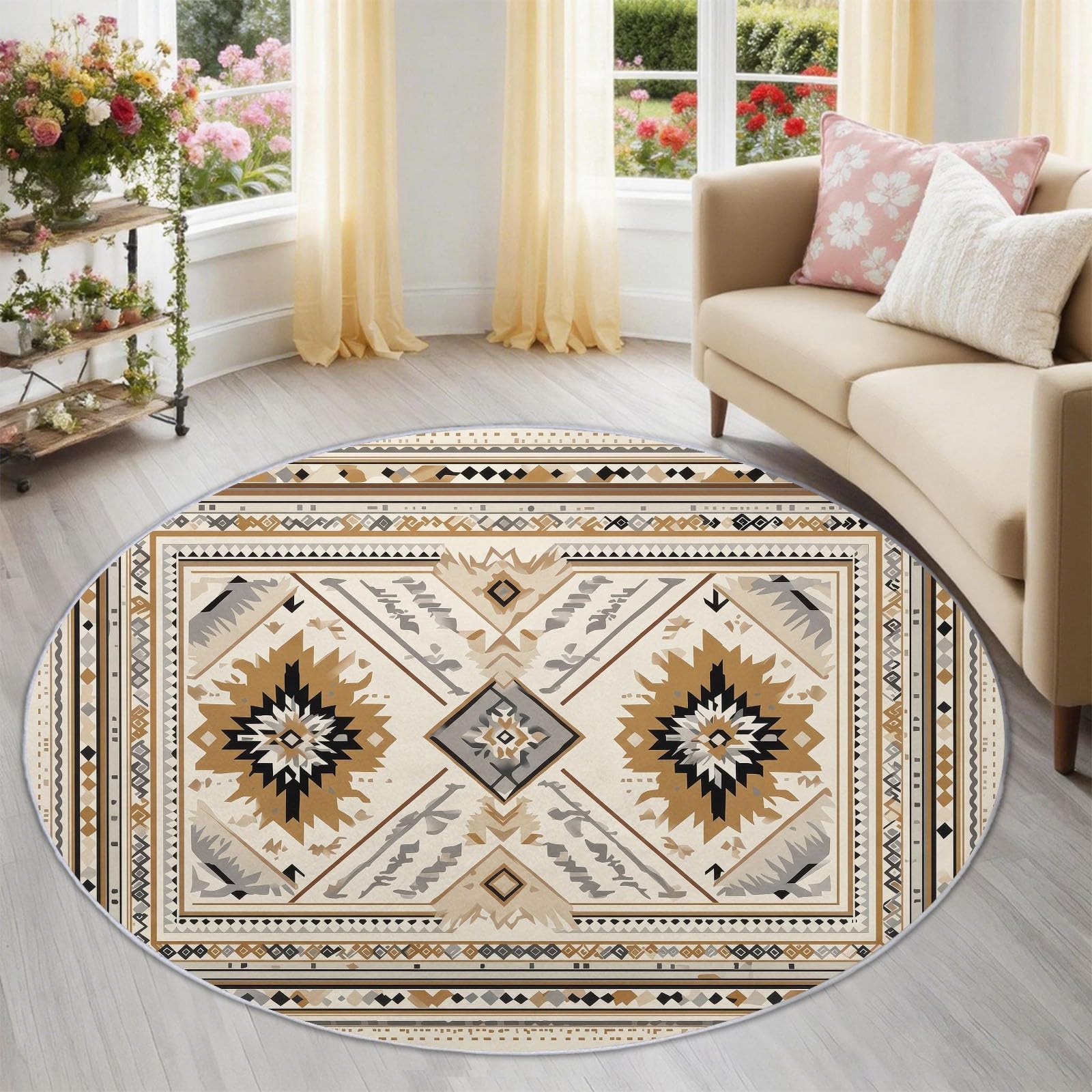 Tapis Rond Salon Ethnique Marocain, Tapis de Sol Totem Classique Géométrique Motif Antidérapant pour Salon Chambre Terrasse Salle à Manger de Lit Interieur Doux Poil Ras Tapise (150 cm, Beige)