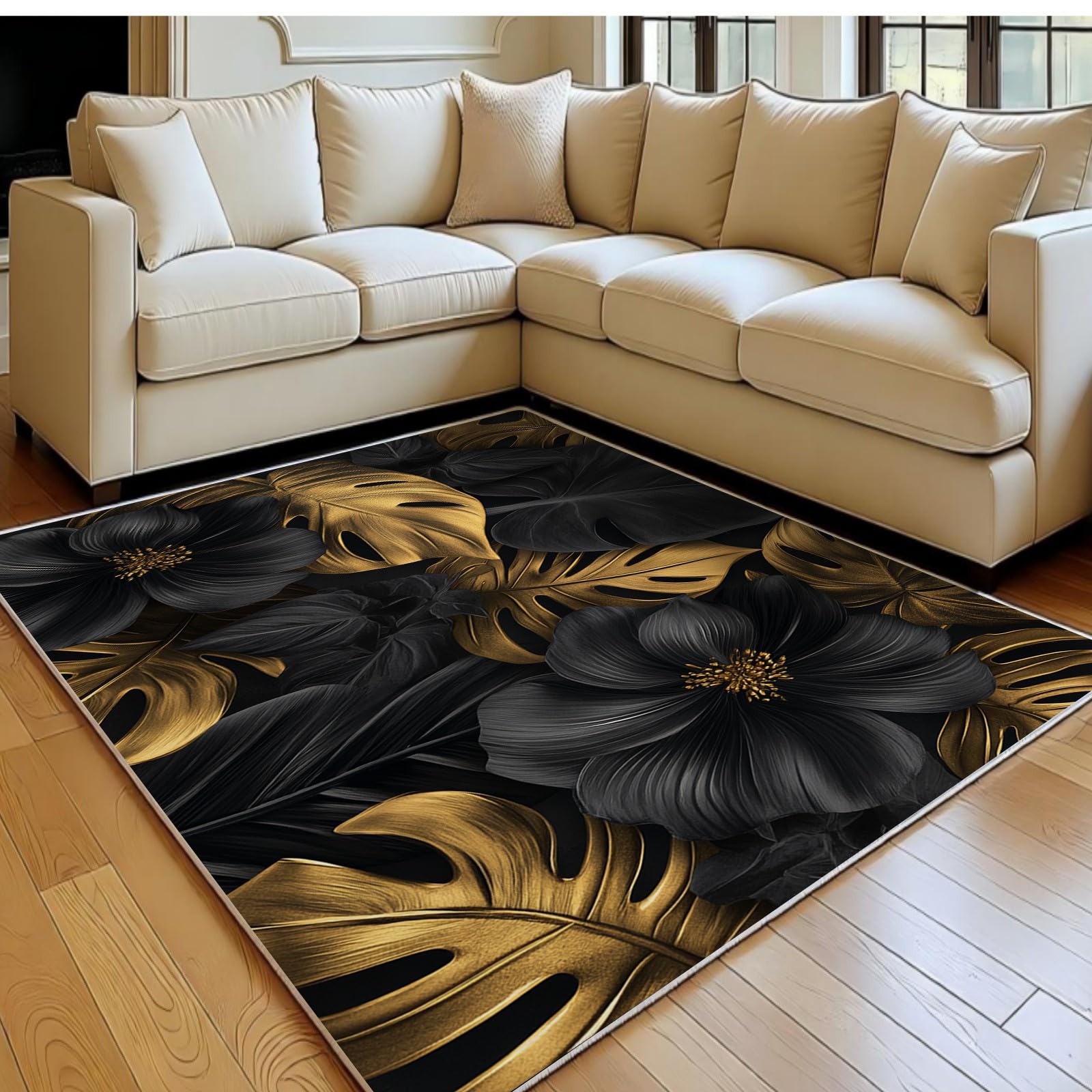 Großer Teppich 80 x 120 cm Abstraktes Monstera-Blatt Wohnzimmer Teppich Flanell Weich Flauschig Anti-Rutsch Gold Kinderzimmer Schlafzimmer Küche