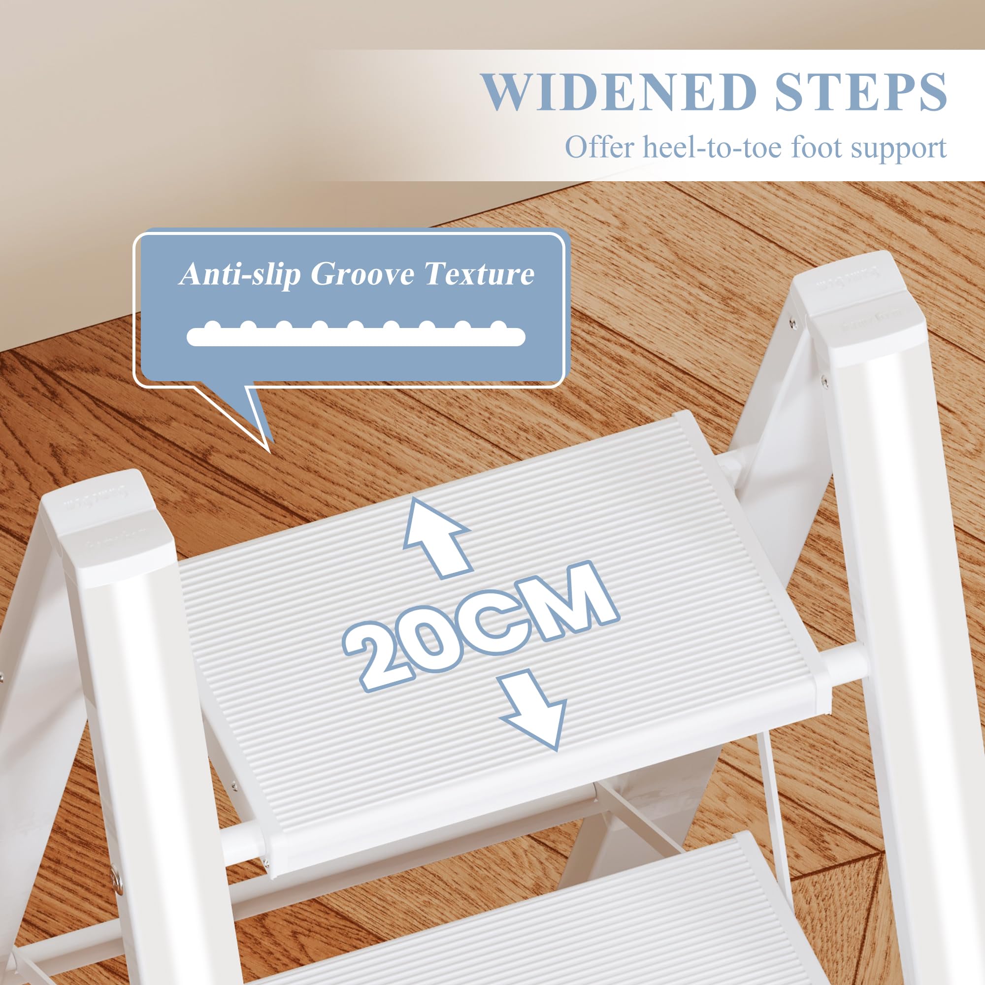 Scala a 4 gradini, sgabello pieghevole con ampio pedale antiscivolo, materiale in alluminio leggero ma robusto, carico 150 kg, aspetto moderno carino per spazi domestici interni, bianco