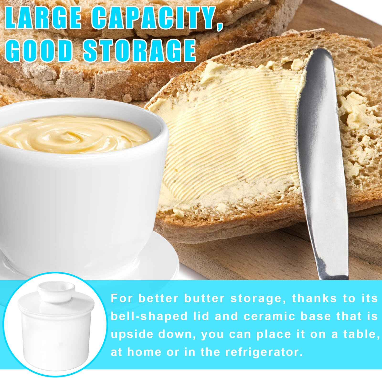 Französische Butterdose, Keramik Butterdose mit Rund Deckel, Butterdose Wassergekühlt mit Wasserlinie, Butter Glocke, Keramische Butterglocke für Streichfähige Butter Weiß