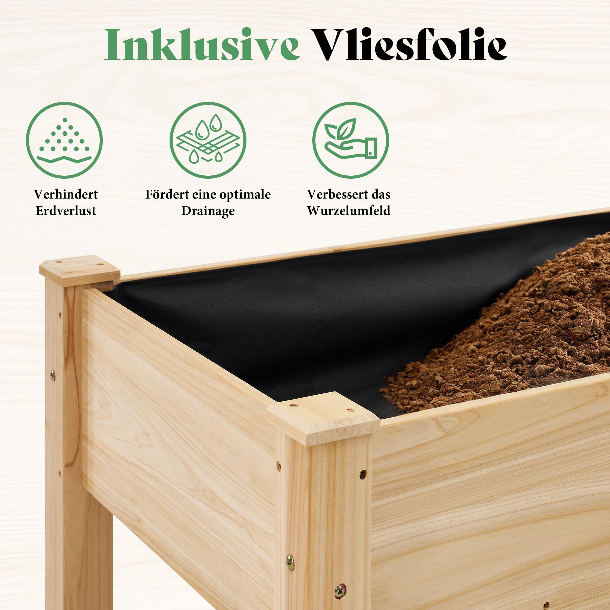 LUXOAK 122x61x77 cm Tannenholz Hochbeet mit Beinen, 110L, Hellholz | Effiziente Drainage, Schutzfolie, Robuste Holzkonstruktion, Komfortable Höhe, Für Balkon & Terrasse