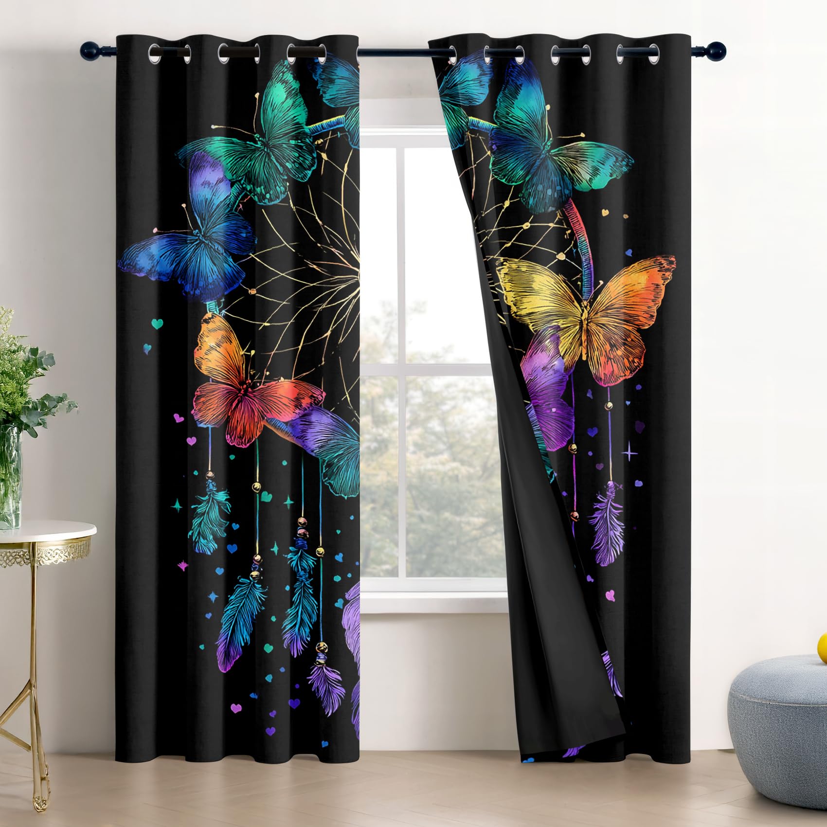 Mistela Traumfänger Schmetterling Verdunklungsvorhänge - Gardinen Boho Blickdicht Vorhang mit Ösen Verdunklungsvorhänge für Kinderzimmer Wohnzimmer Schlafzimmer Dekoration - 2er Set - H300 x B140cm