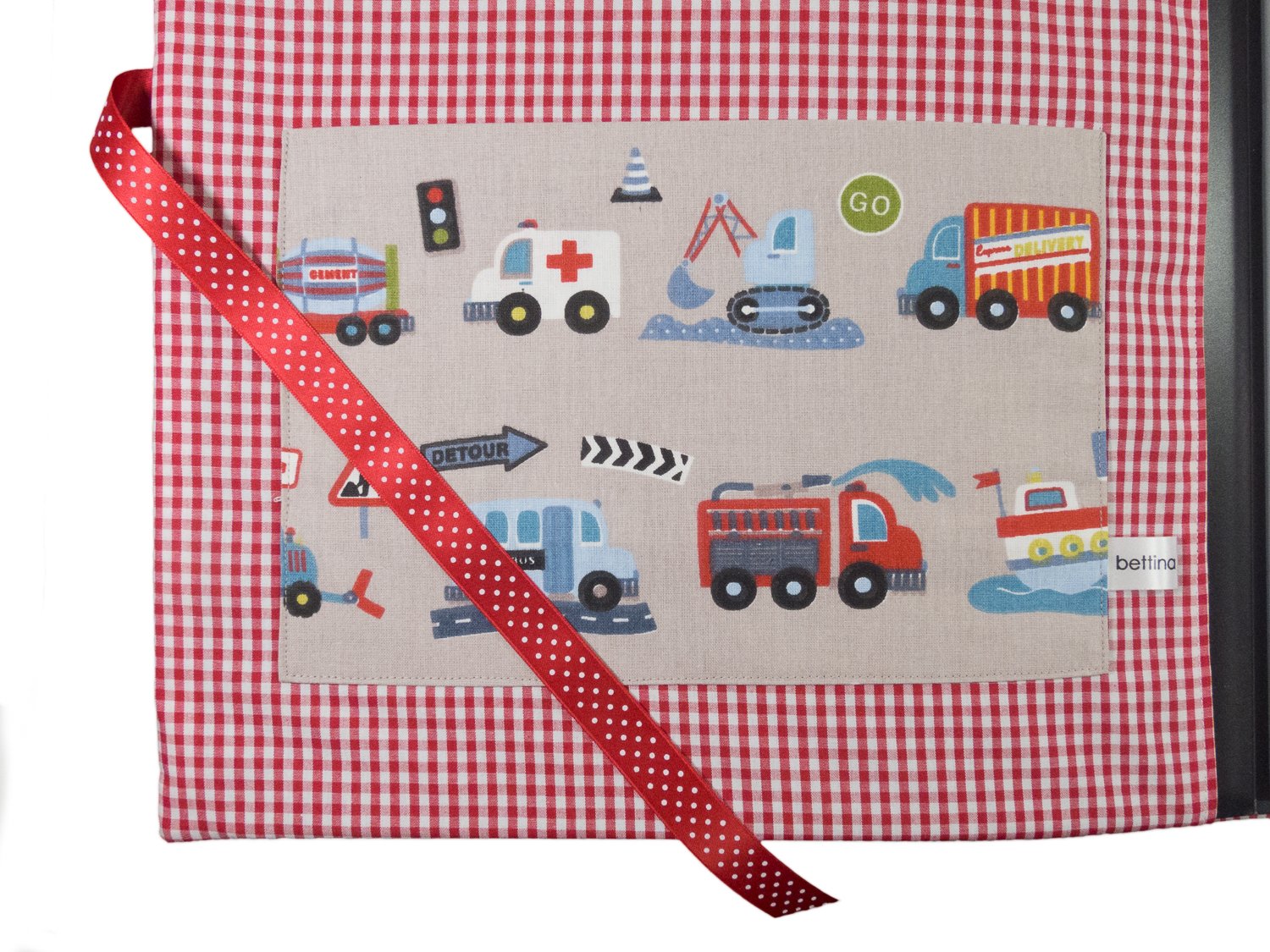 bettina bruder - Sammelmappe DIN A3 - innen 30 Sichthüllen - Auto grau bunt - innen Vichykaro rot-weiß