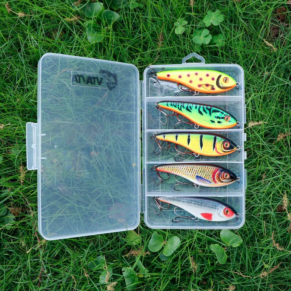 HUFFA Juego de 5 señuelos de Pesca Jerkbait, señuelos Wobblers Que se Hunden, señuelos for lucios, cebos Artificiales Jerkbait, Aparejos de Pesca de lubina con Caja