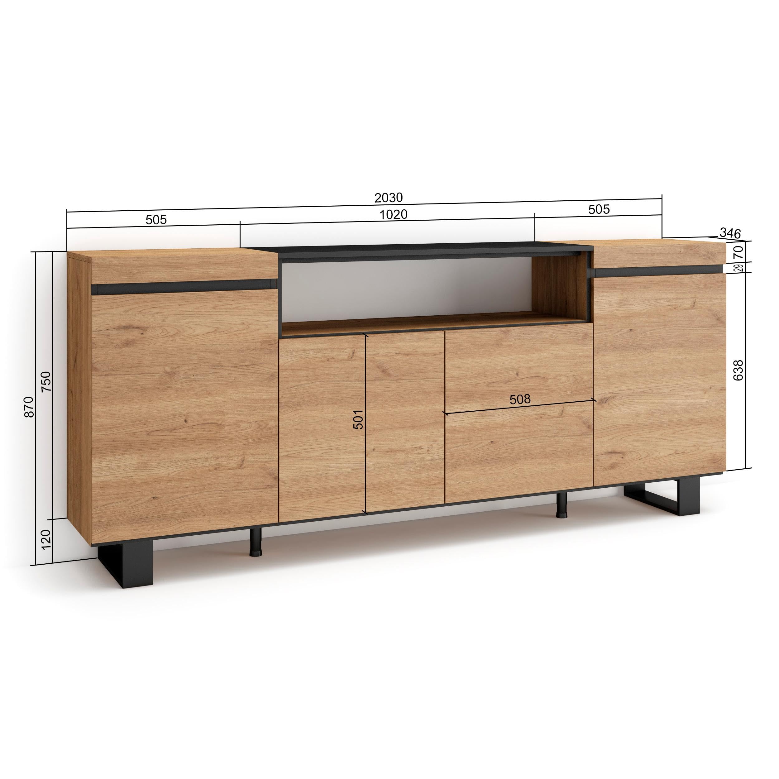 Skraut Home | Aparadores para salón | Gran Capacidad de almacenaje | 200x87x35cm | 4 Puertas | Diseño Industrial | Estilo Moderno | Roble y Negro