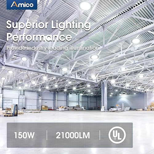 Miniatura 9 de Amico Luz LED de alta bahía de 150 W, 21,000 lm, 5000 K, UFO LED de alta bahía, luz de tienda con gancho de EE. UU. con certificación UL, cable de 5