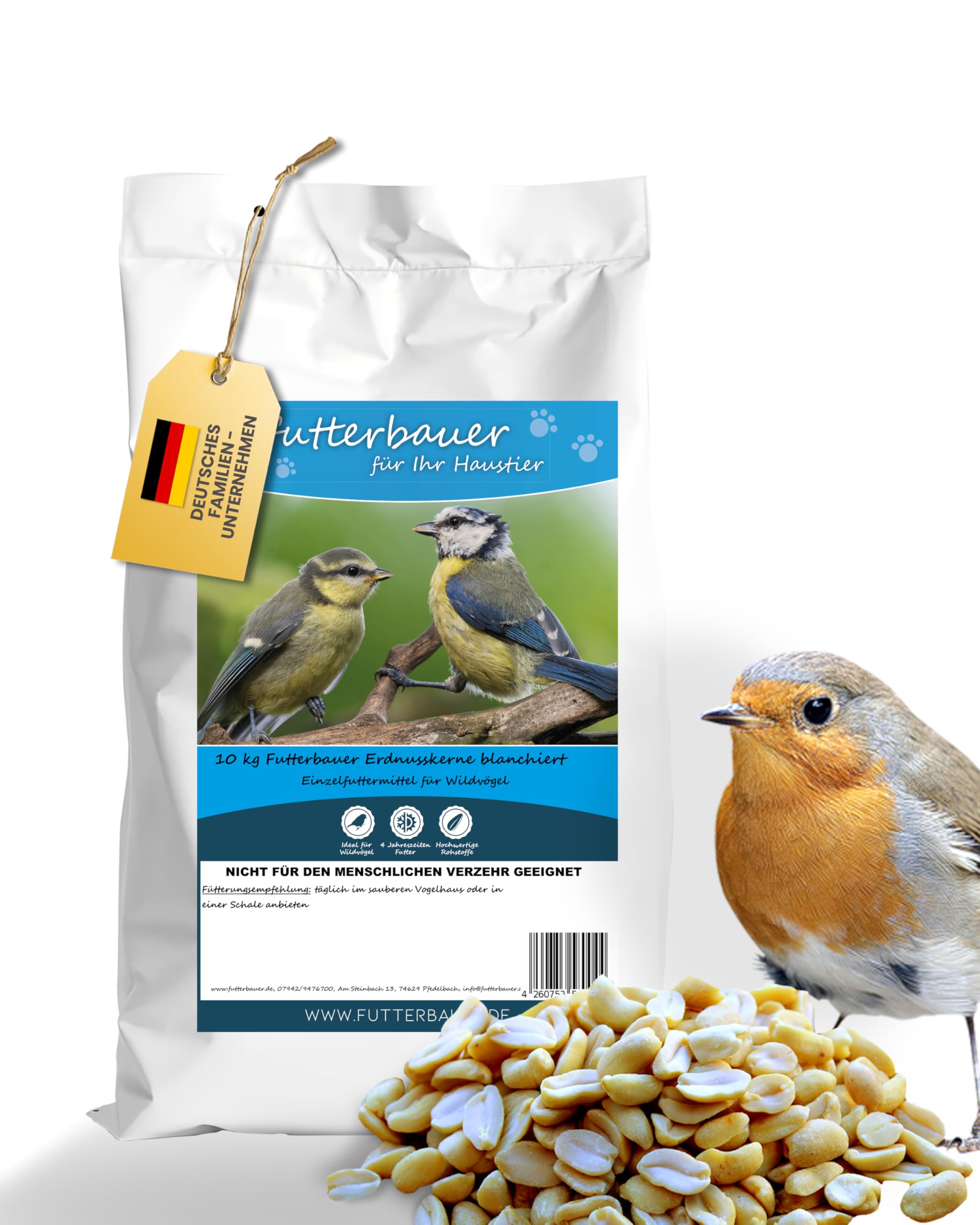 Futterbauer Erdnüsse blanchiert 10 kg, Weiße & schalenlose Erdnusskerne für Wildvögel & Eichhörnchen, Ambrosia kontrolliert, hochwertiges Vogelfutter