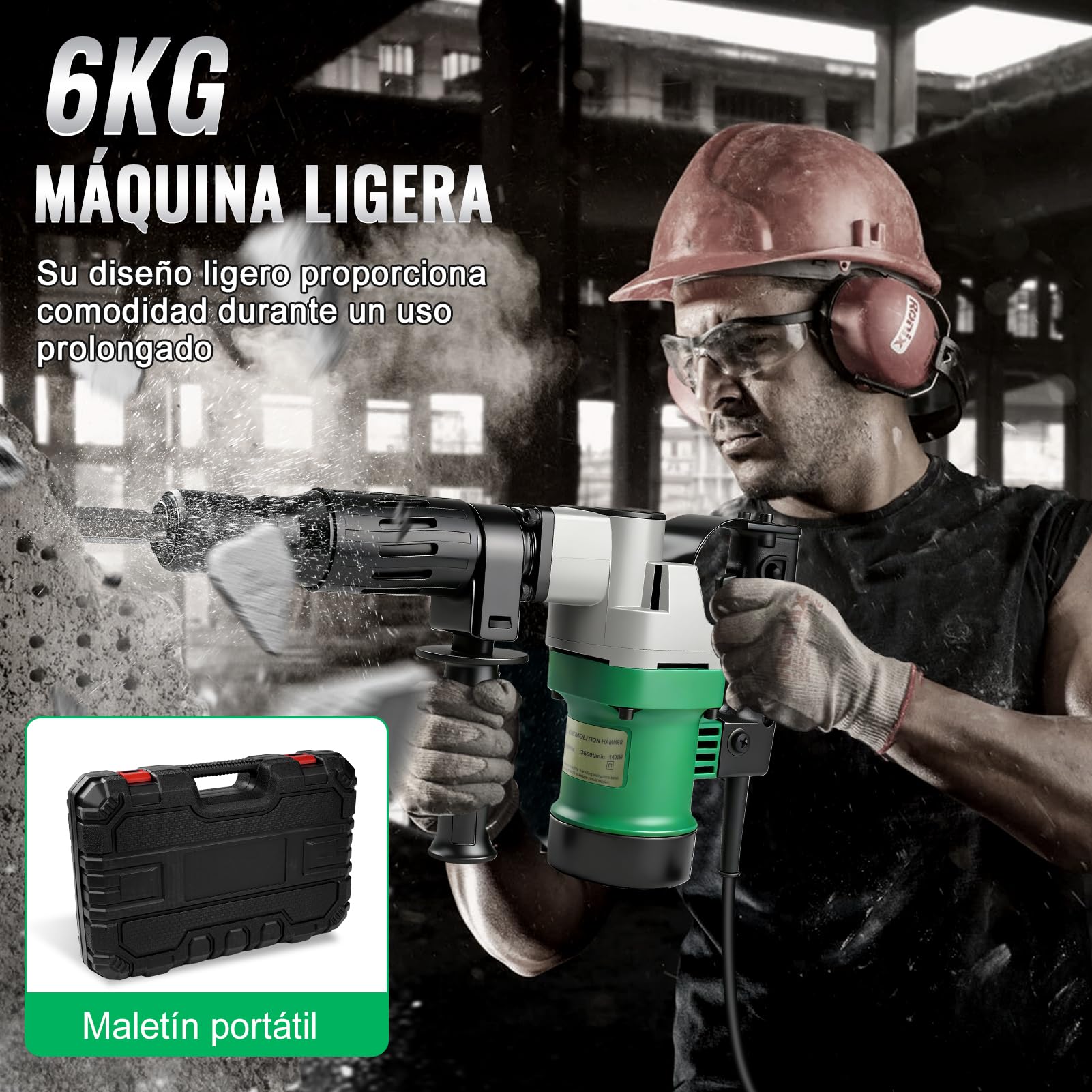 Martillo perforador SDS Plus, juego de martillo demoledor de 1400 W y 30 julios, taladro percutor eléctrico 3 en 1 de 3600 RPM con mango antivibración, incluye cincel puntiagudo y cincel plano.