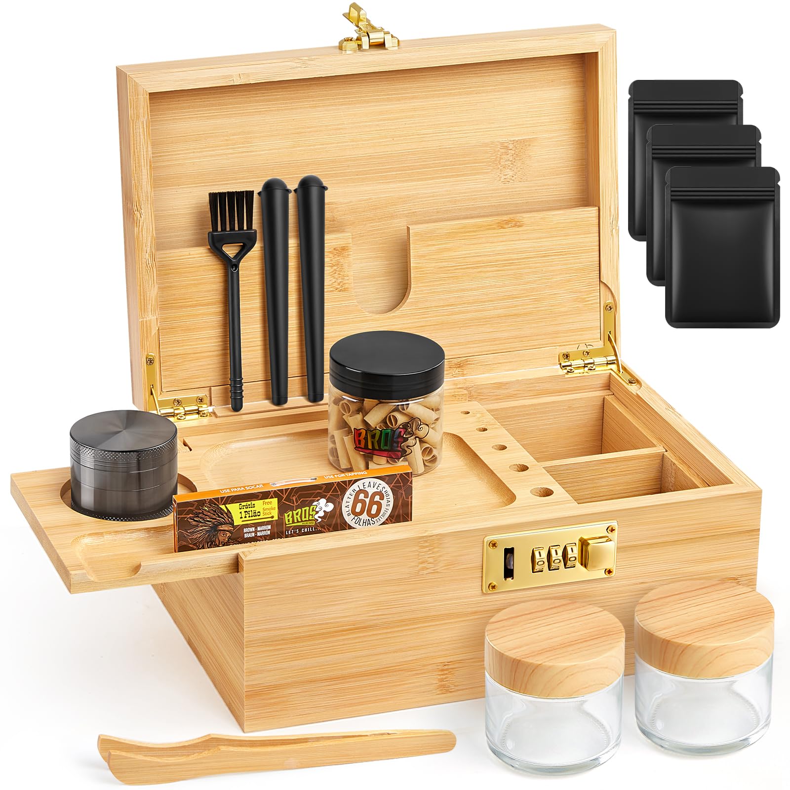 Betoores Gro Bambus Aufbewahrungsbox Set mit Zahlenschloss, Bambusbox mit  Abnehmbares Rolltablett, Grinder, 2 Glasbehlter und Pinsel, Holz Stash Box  mit 2 Konische Rhrchen, Alle Zubehr : Amazon.de: Garten