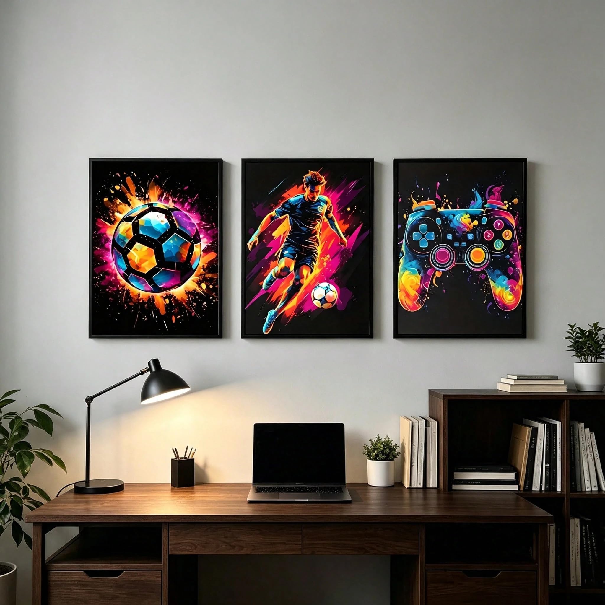 XOJUVETZ Quadri da parete per ragazzi, tema calcio e videogiochi, decorazione per sala giochi, opera d'arte sportiva a 3 pannelli (60x110cmx3/senza cornice)