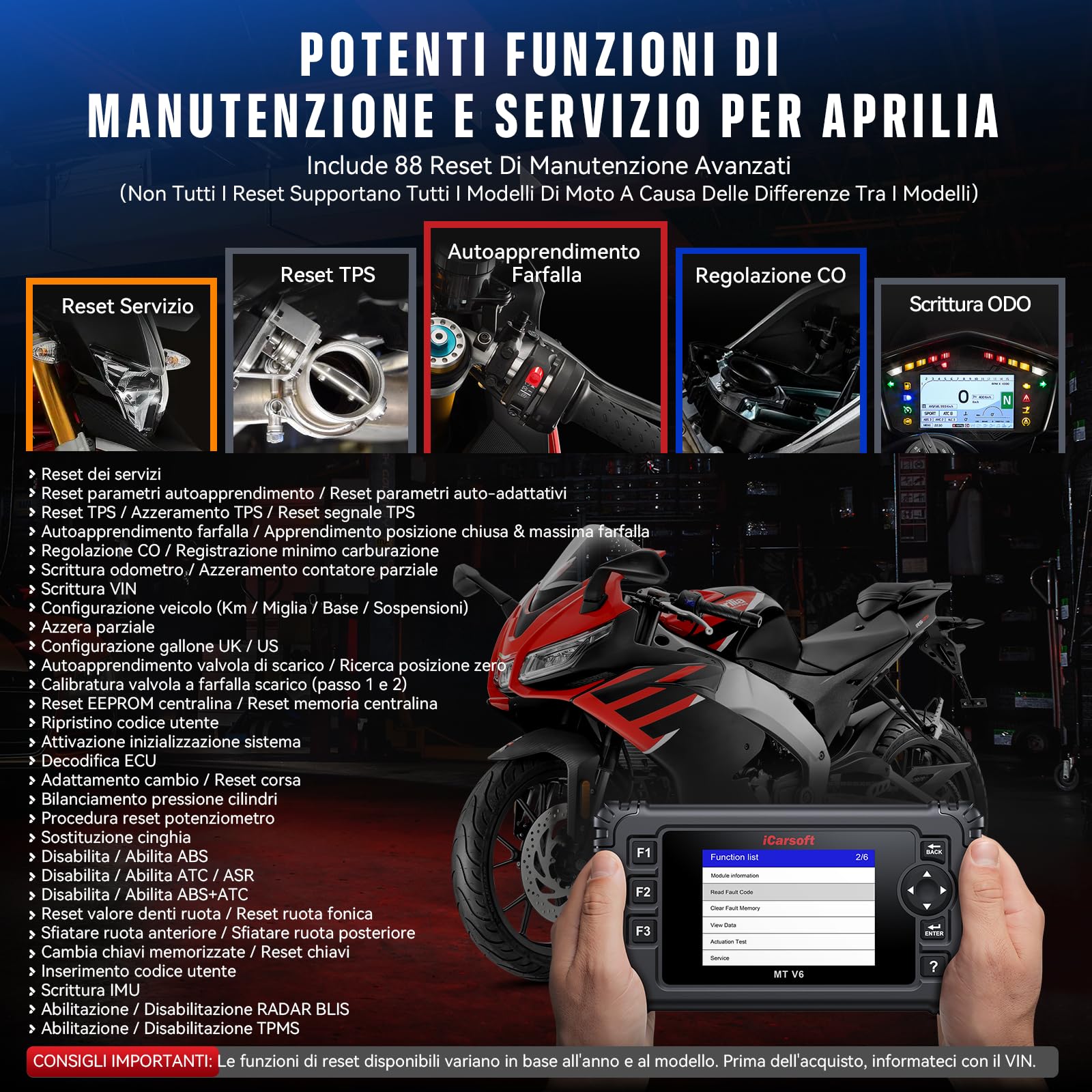 iCarsoft MT V6 - Diagnostico per moto Aprilia, diagnosi di sistema, 88 servizi di manutenzione, 123 test bidirezionali, lettura e cancellazione dei codici di errore, test della batteria