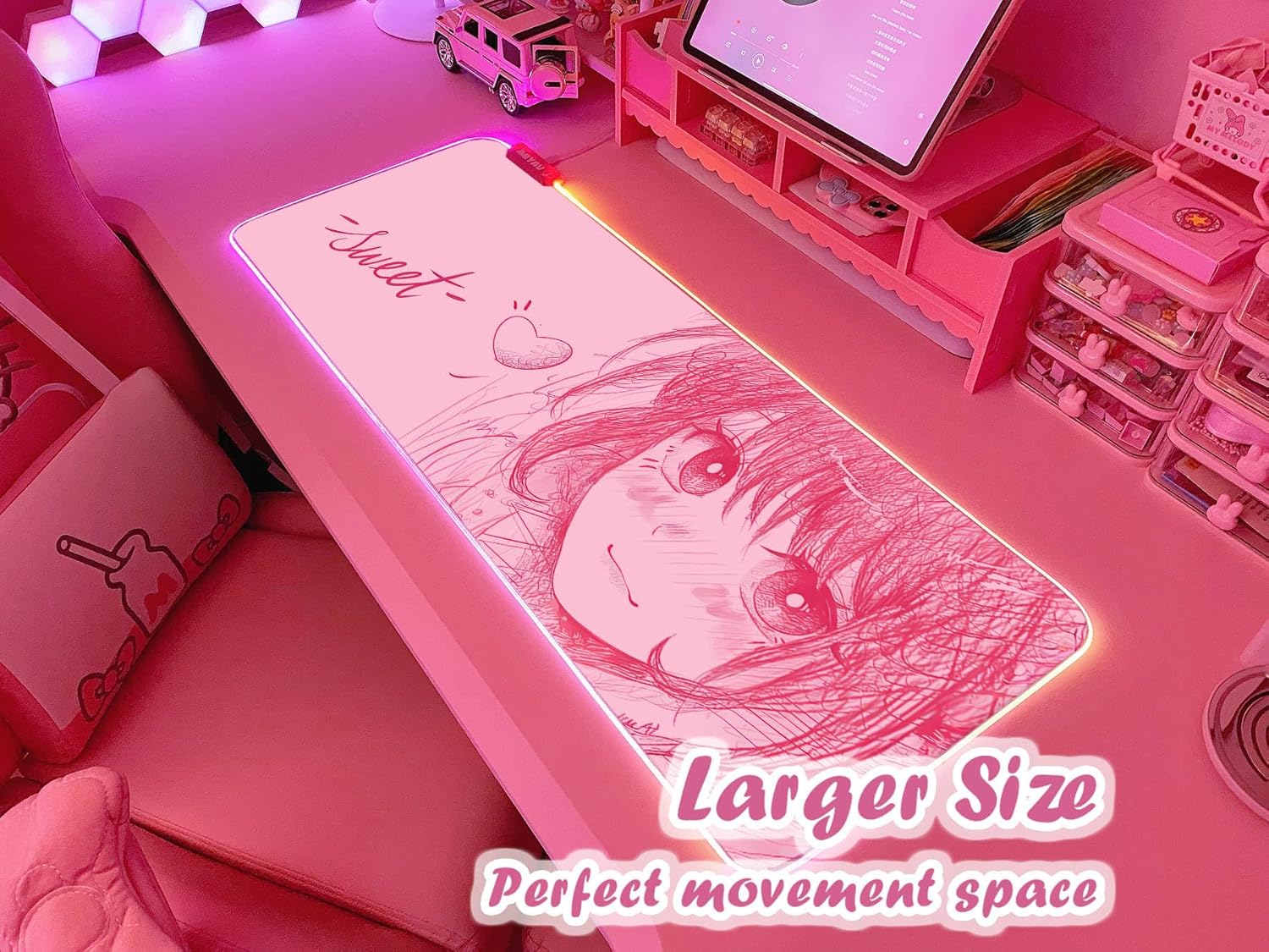 JMIYAV Pink RGB Gaming Mouse Pad 31.5x12 Inch PC XL Large Extended Glowing Led Light Up Desk Pad Non-Slip Rubber Base Computer Cute Mousepad Mat Desk Accessories Gaming Setup 40-8779 - Image 2