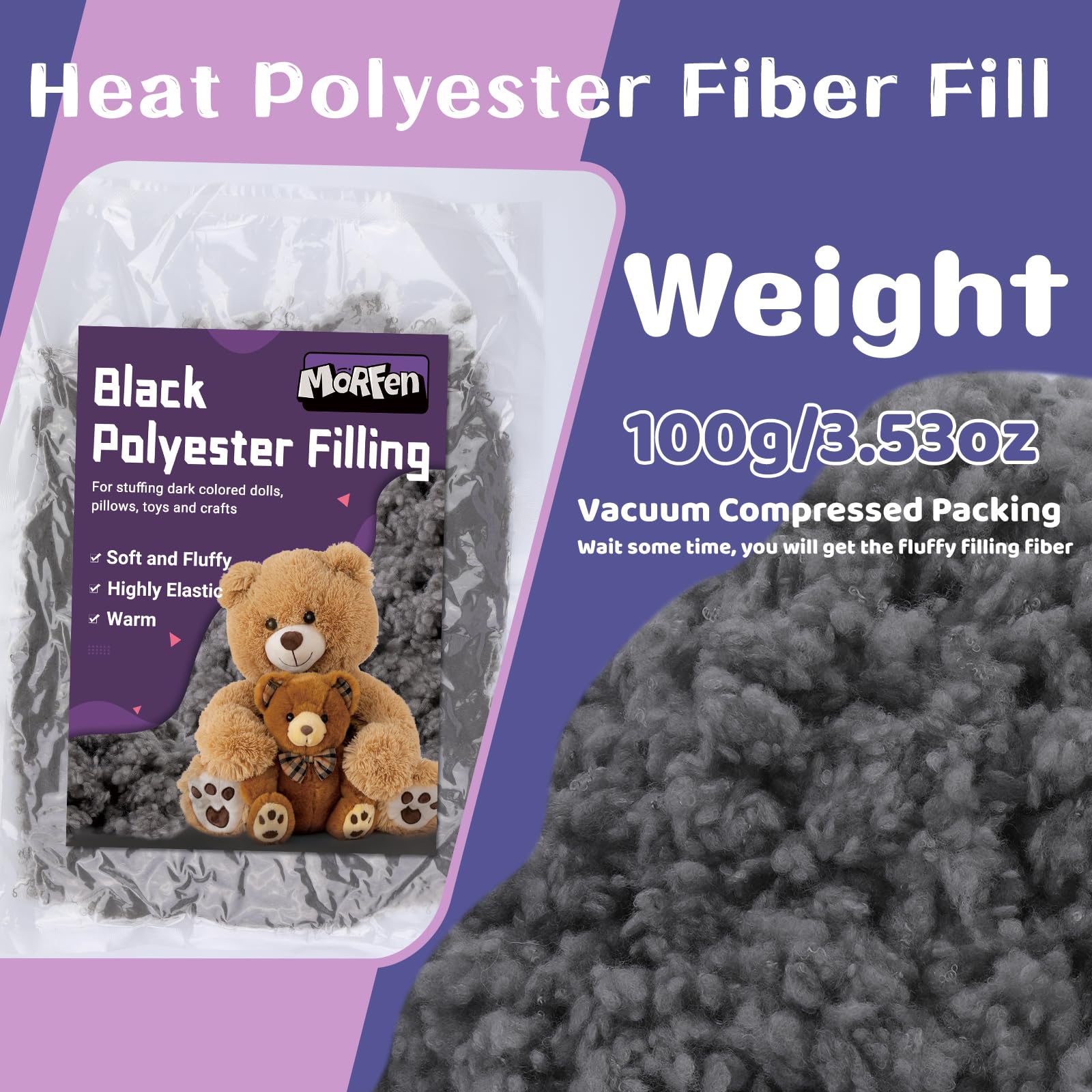 MORFEN 3.5Oz/100g Black Polyfill Stuffing for Crafts, Black Fiber Fill, Polyester Stuffing for Stuffed Animals, Heat Polyester Fiber Fill, Pillow Stuffing, Dark Grey Poly Filling Stuffing for Crochet