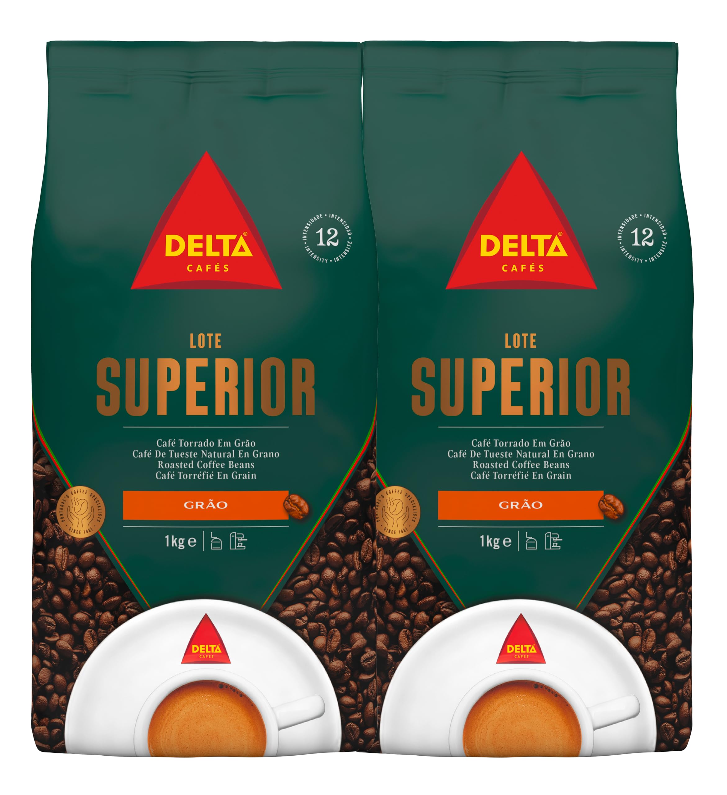 Delta Cafés - Café en Grano Superior - Pack 2 x 1 Kg - Intensidad 12 - Mezcla de Granos Arábica y Robusta - Cuerpo Pleno y Aroma Enérgico con Notas de Especias, Palomitas y Frutos Secos Tostados