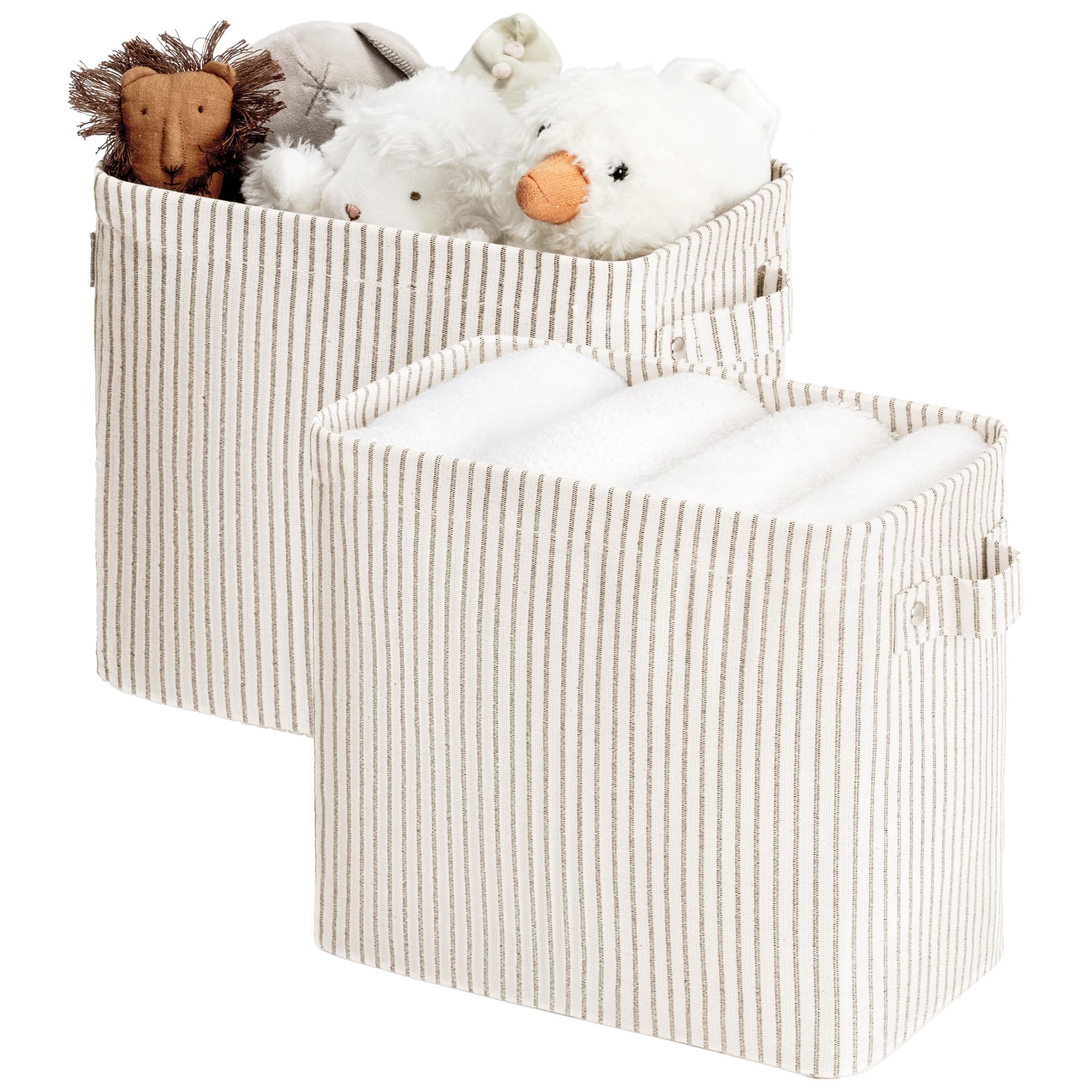 StorageWorks Narrow Storage Bins, Small Basket for Closet and Shelves, Rectangular Fabric Organizer with Handles, Toilet Paper Storage, Khaki and Beige Stripes, 2-Pack