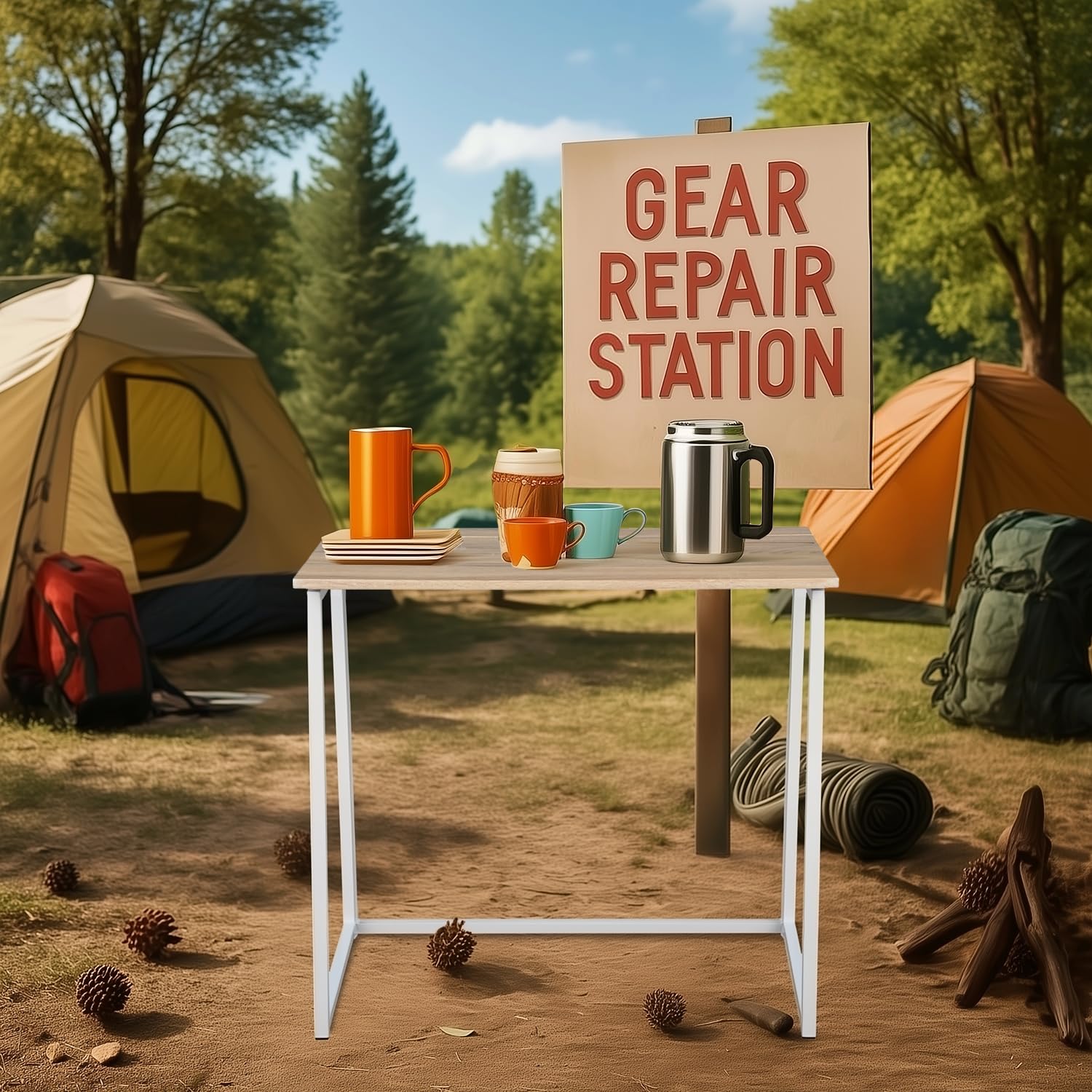 Table de Camping Pliante avec Cadre en Métal Blanc Léger pour Les Activités de Camping en Plein Air Table Compacte Pliable en Bois de Chêne pour Les Repas de Voyage