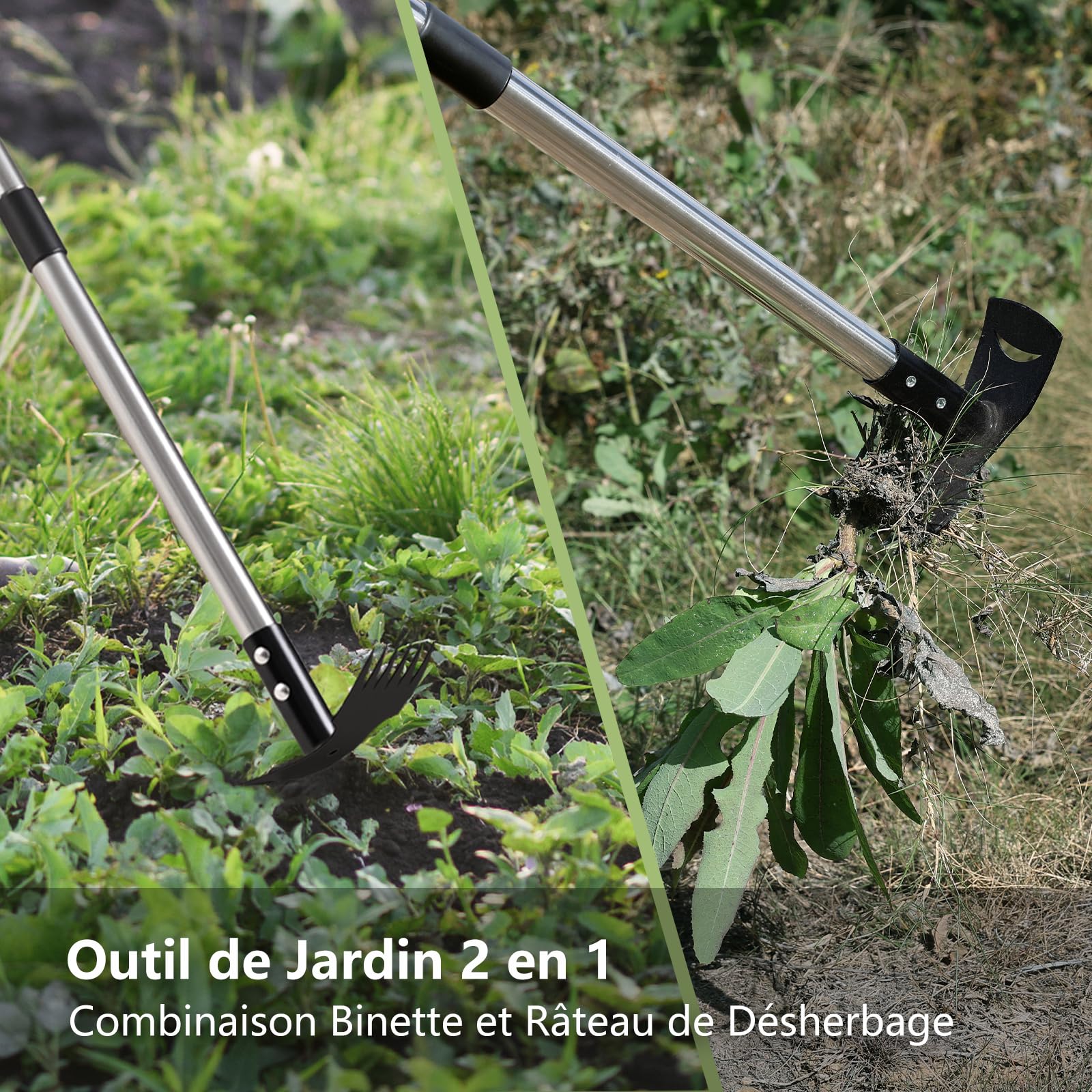 Mitclear Binette Jardinage avec Manche Long(148cm), Outils de Jardin avec Binette et Râteau de Désherbage, Desherbeur Manuel, Houe de Jardin avec 6 Griffes pour Ameublir, Aérer et Désherber Le Sol