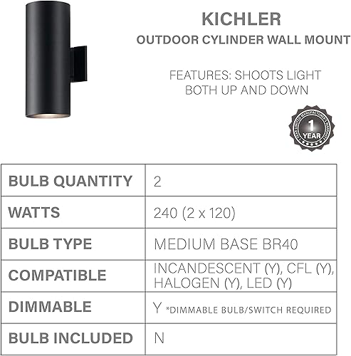 Miniatura 4 de Kichler Cilindros - Aplique de pared cilíndrica para exteriores con 2 luces de 15 pulgadas, color negro, (15 pulgadas de alto x 5.75 pulgadas de