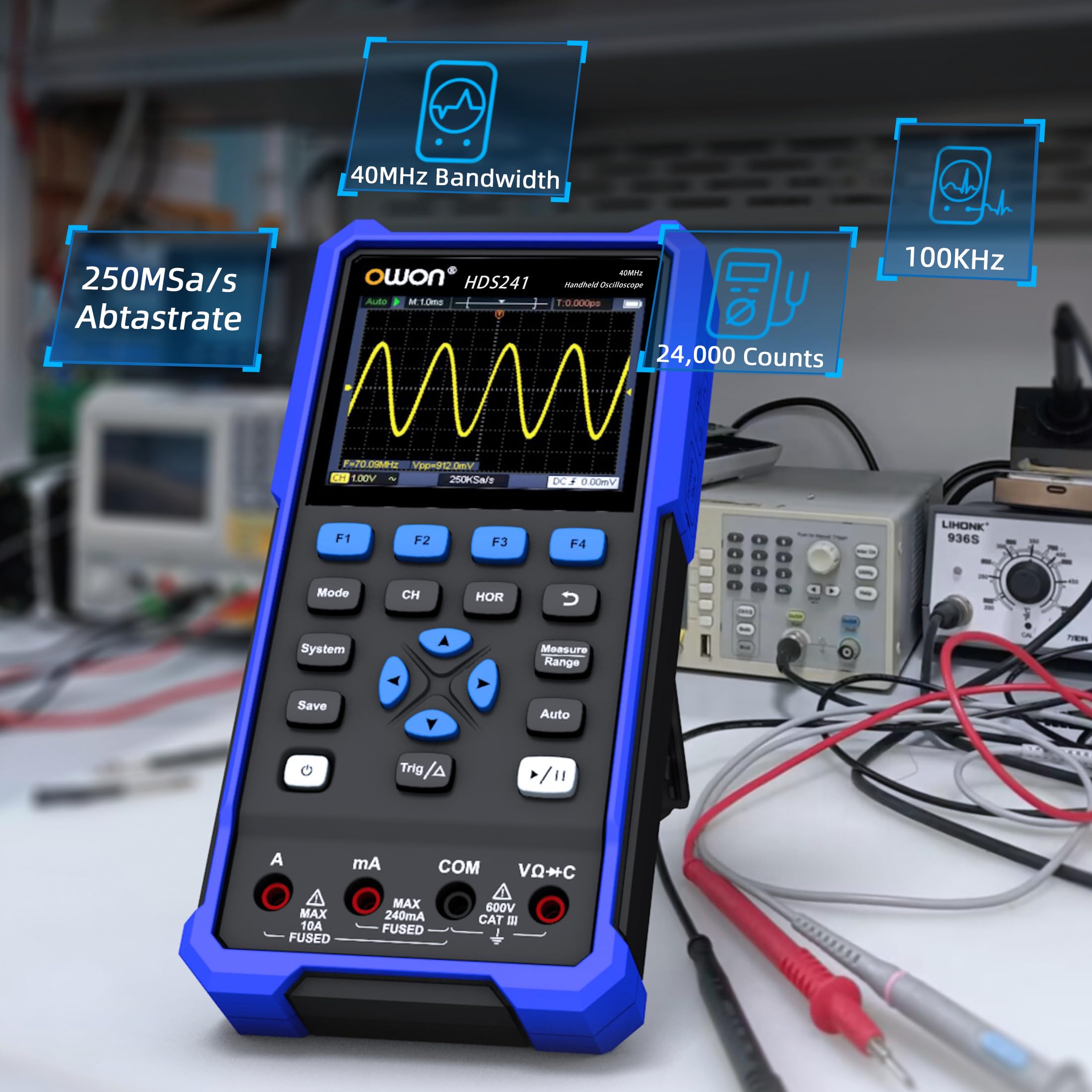 HDS241 OWON Osciloscopio Multímetro 3 en 1 Función 24.000 Valores Medidos Multímetro 40MHz Ancho de banda 100KHz Fuente de Señal 3.5" LCD con 320 x 240 píxeles