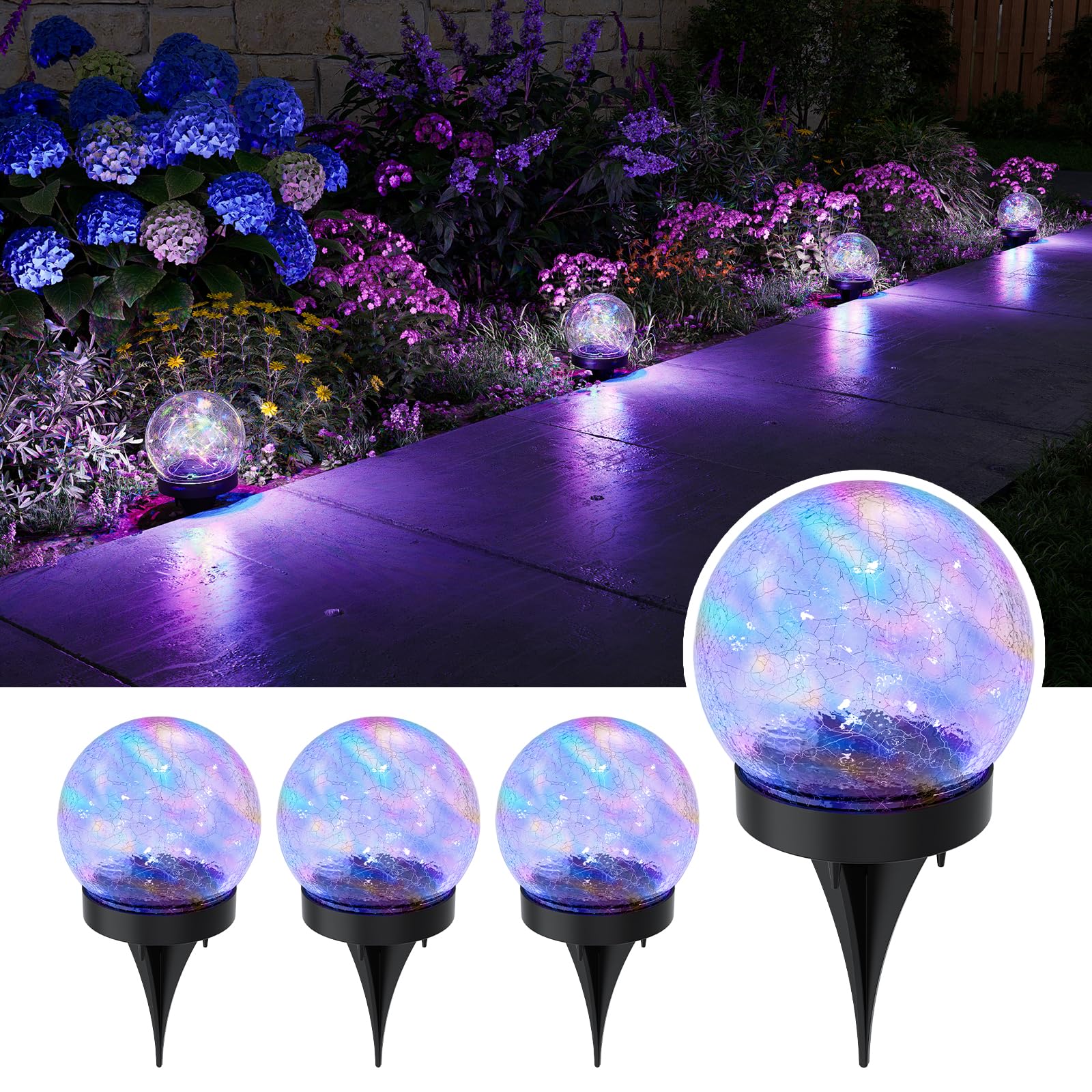 Mehrfarbige solarbetriebene rissige Glaskugel-Lichter für den Außenbereich, wasserdicht, LED-RGB-Ambientekugeln, Lampen für den Außenbereich, Garten, Terrasse, Tisch, Gehweg, Treppen, Rasen
