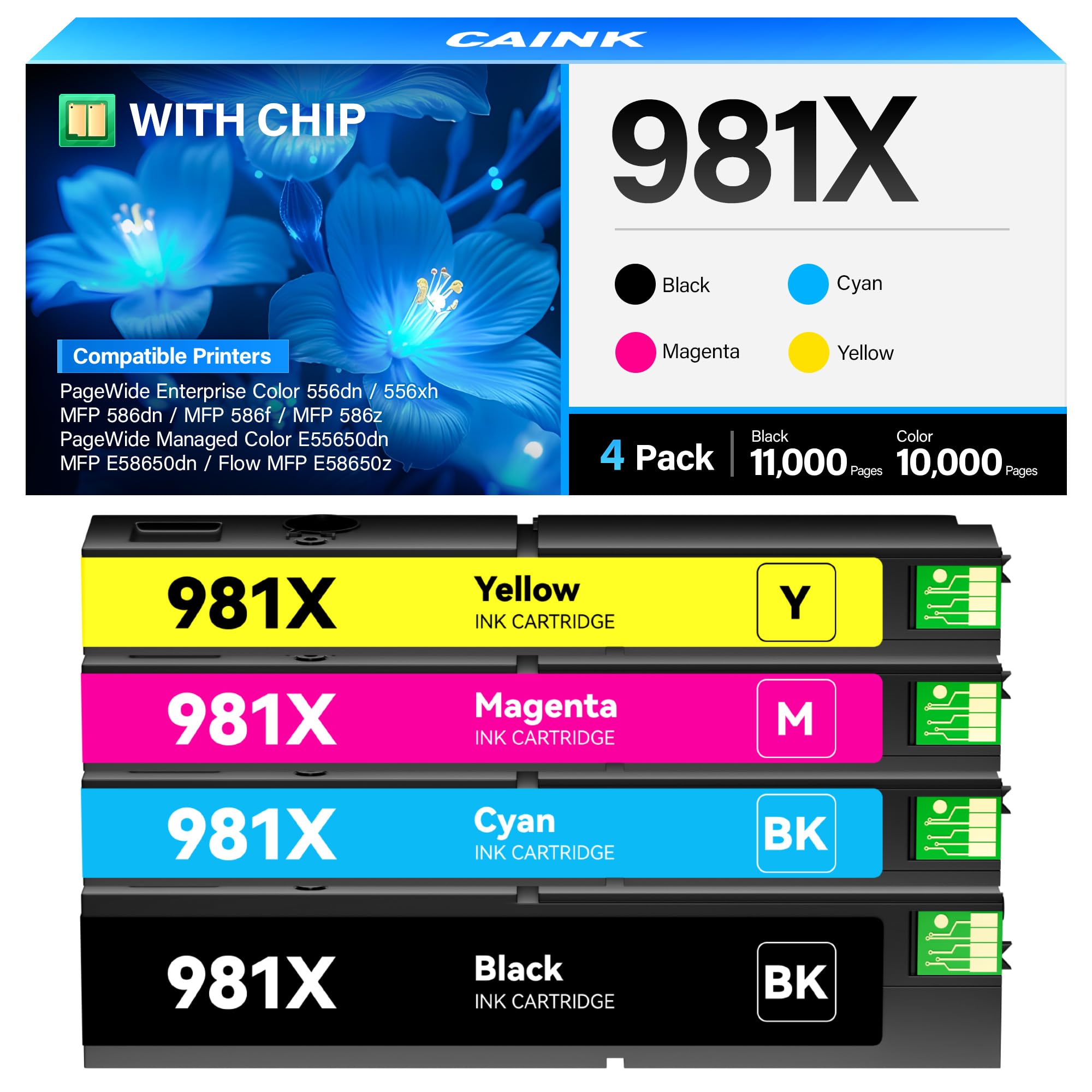 981X 981 Ink Cartridge High Yield 4-Pack L0R12A L0R09A L0R10A L0R11A Replacement for HP 981X Ink Compatible for HP PageWide Enterprise Color 556 556dn 556xh MFP 586 MFP 586z MFP 586dn MFP 586f Printer
