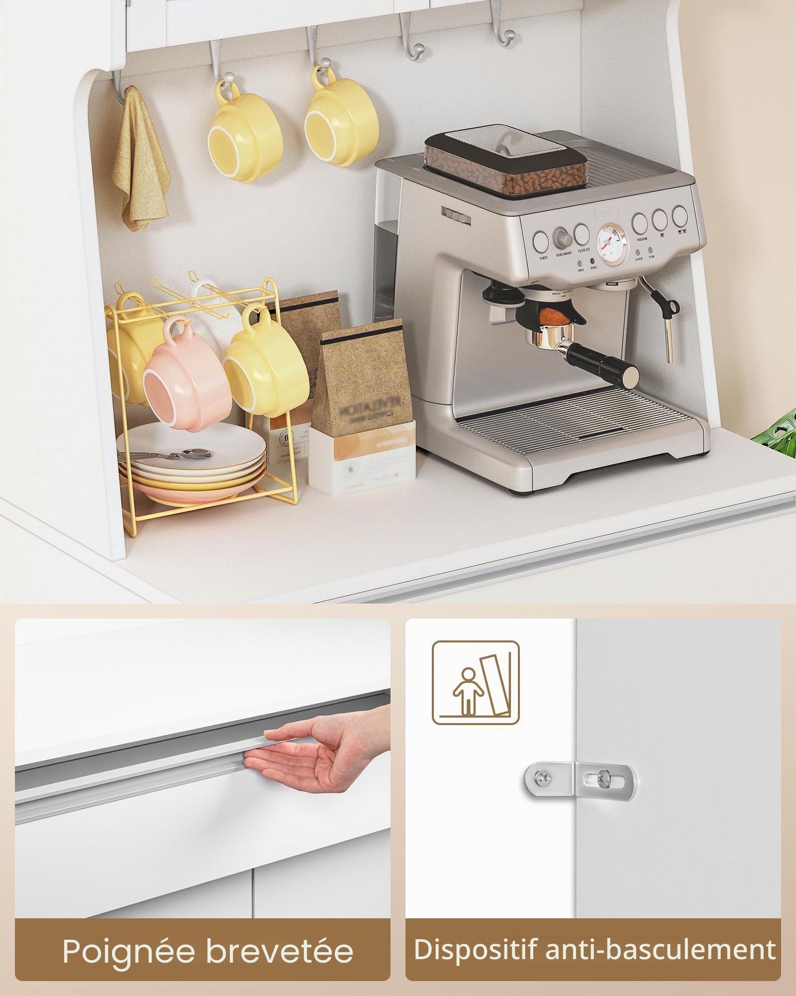 Hzuaneri Meuble Cuisine, Buffet Haut, Meuble de Rangement avec Plan de Travail et 4 Compartiments de Rangement, Cuisine, Salon, 40 x 75 x 180 cm, Blanc Naturel, PT40003XV1