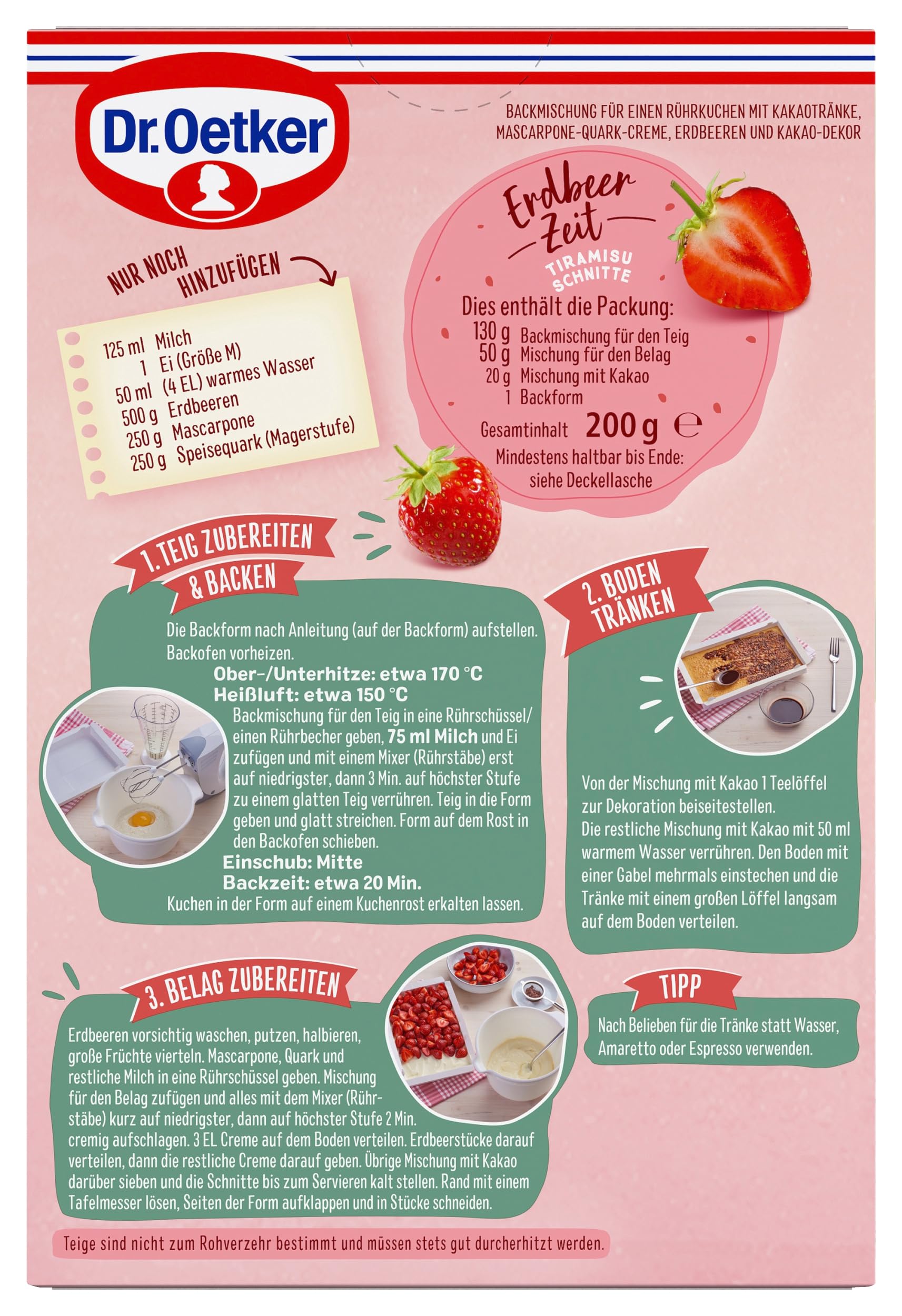 Dr. Oetker Erdbeer-Zeit, 8er Probier-Set Kuchen-Backmischung für 2x Maulwurf Kuchen, 2x Törtchen, 2x Tiramisu Schnitten und 2x Joghurt-Sahne-Torte, 8 verschiedene Erdbeerkuchen