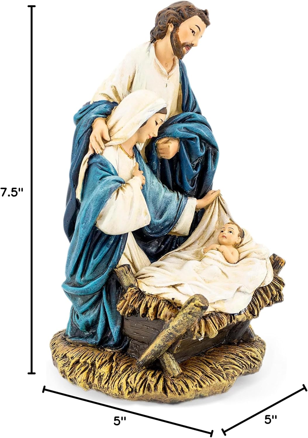 Christmas Nativity Music Box Statue – One Piece Holy Family Figurine with “O Come All Ye Faithful” Melody, 7.5” Tabletop Religious Décor with Ornament & Prayer Card Gift Set