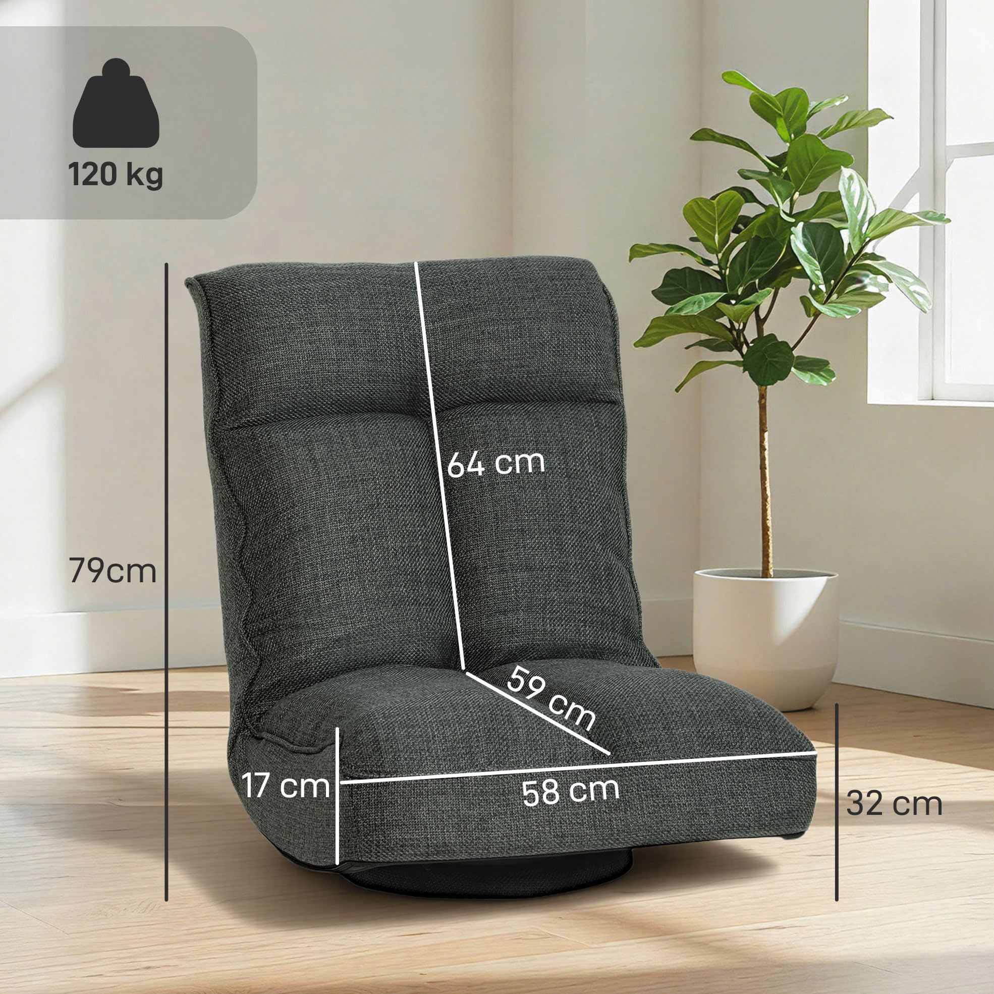 HOMCOM Fauteuil de Sol Pliable et Pivotant à 360°, Chaise de Sol Rembourrée avec Dossier Inclinable 5 Positions, Canapé Paresseux en Lin pour Salon, Bureau, Chambre, 58x107x79 cm, Gris