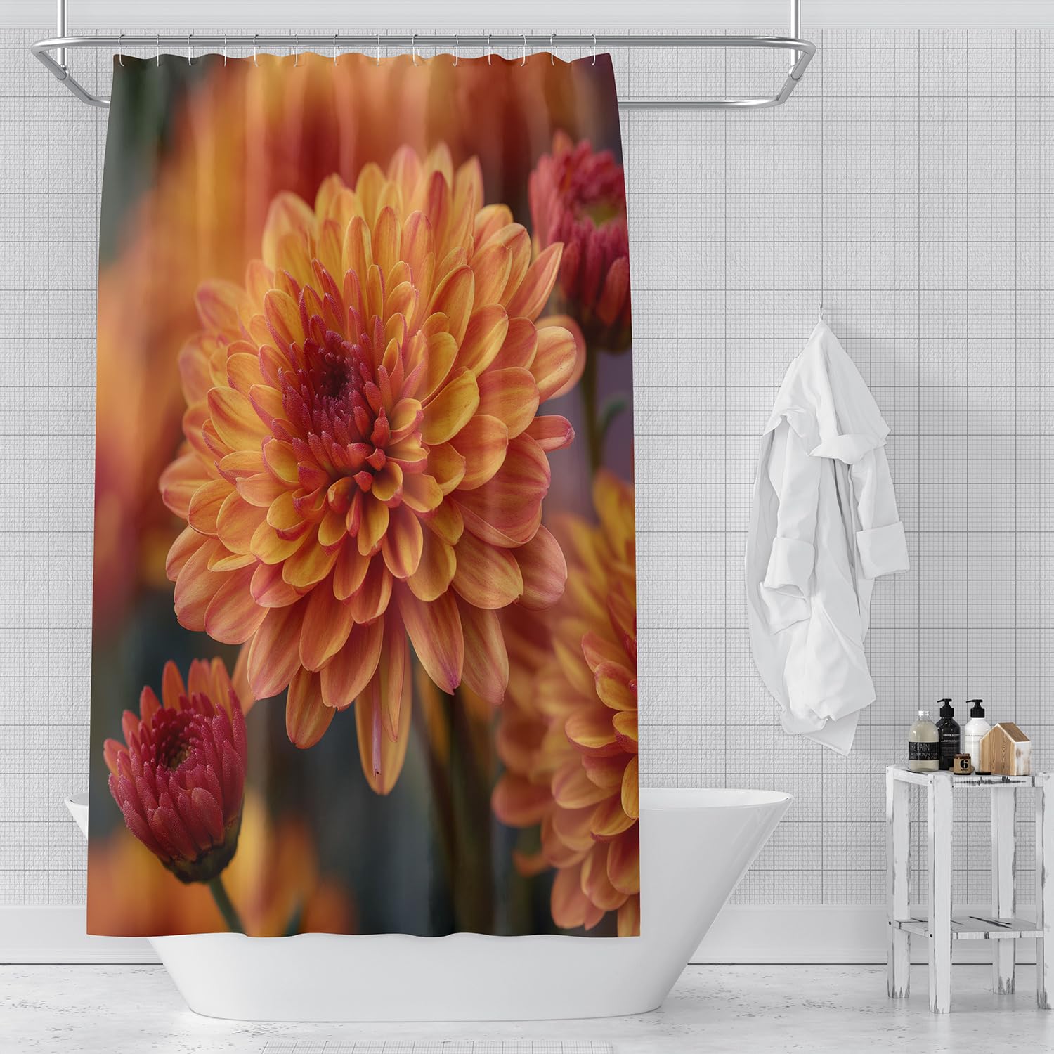 Cortina de Ducha con Estampado de Flores Anaranjadas,Estilo Bohemio,Estilo Granja,con Ganchos de Plástico,Fácil de Instalar y Lavable a Máquina,Para Decoración de Bañeras,240Anx200Alcm (1 Panel)