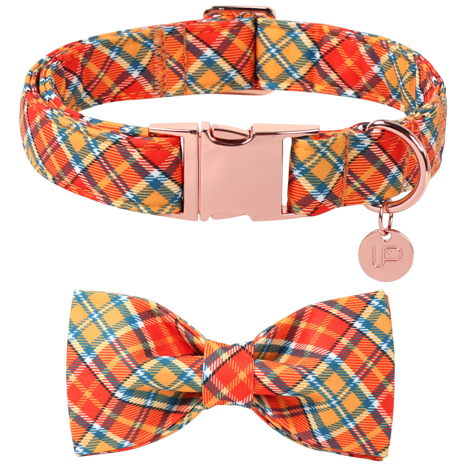 Autumn Plaid Dog Collar and Bow Tie Set – Orange Yellow Checkered Adjustable Fall Collar with Maple Leaf Charm for Small Medium Large Dogs, Soft Cotton Pet Collars with Buckle and D-Ring S FallOrangeGrid C