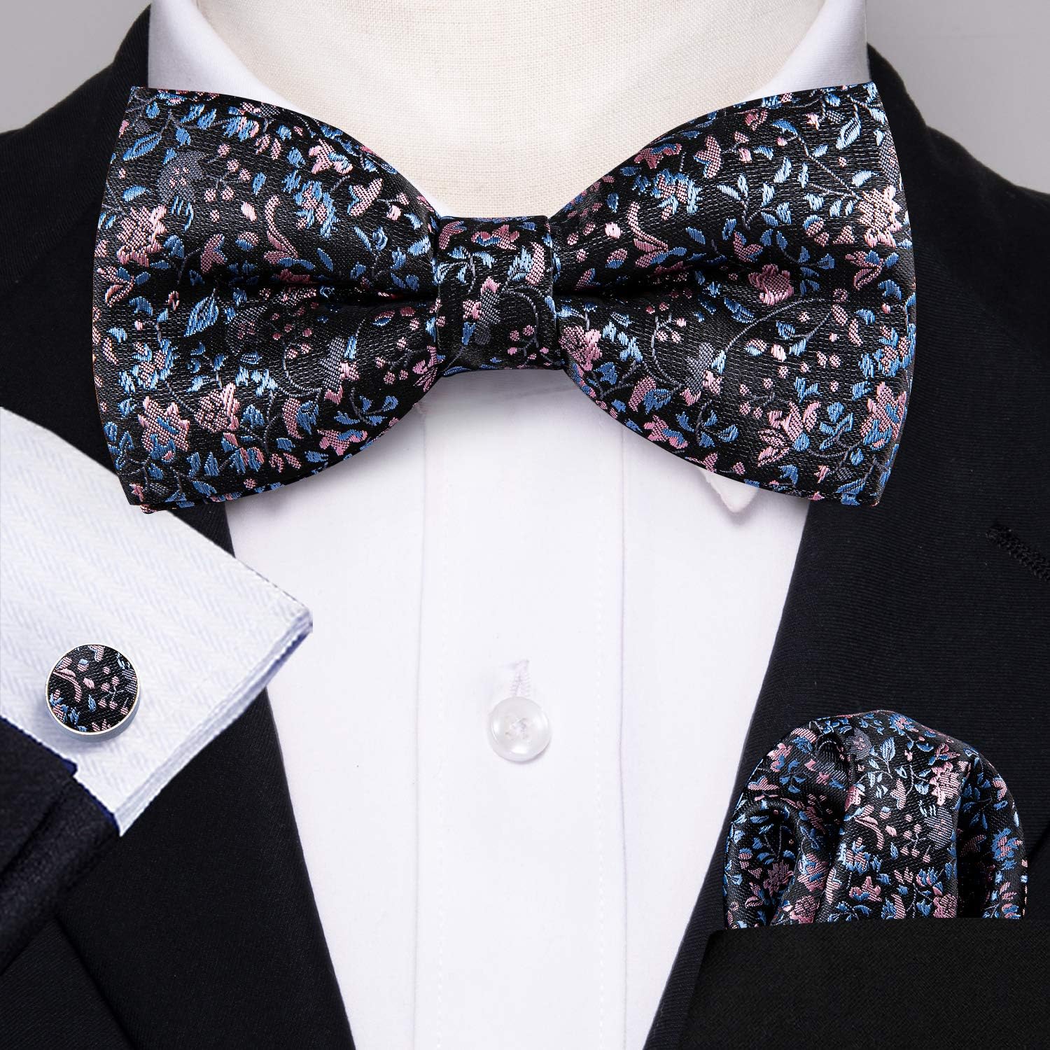 YOHOWA Men's Pre-Tied Bow Tie Formal Adjustable Colorful Bowties Handkerchief Cufflinks Set Wedding Party C Black Pink Blue