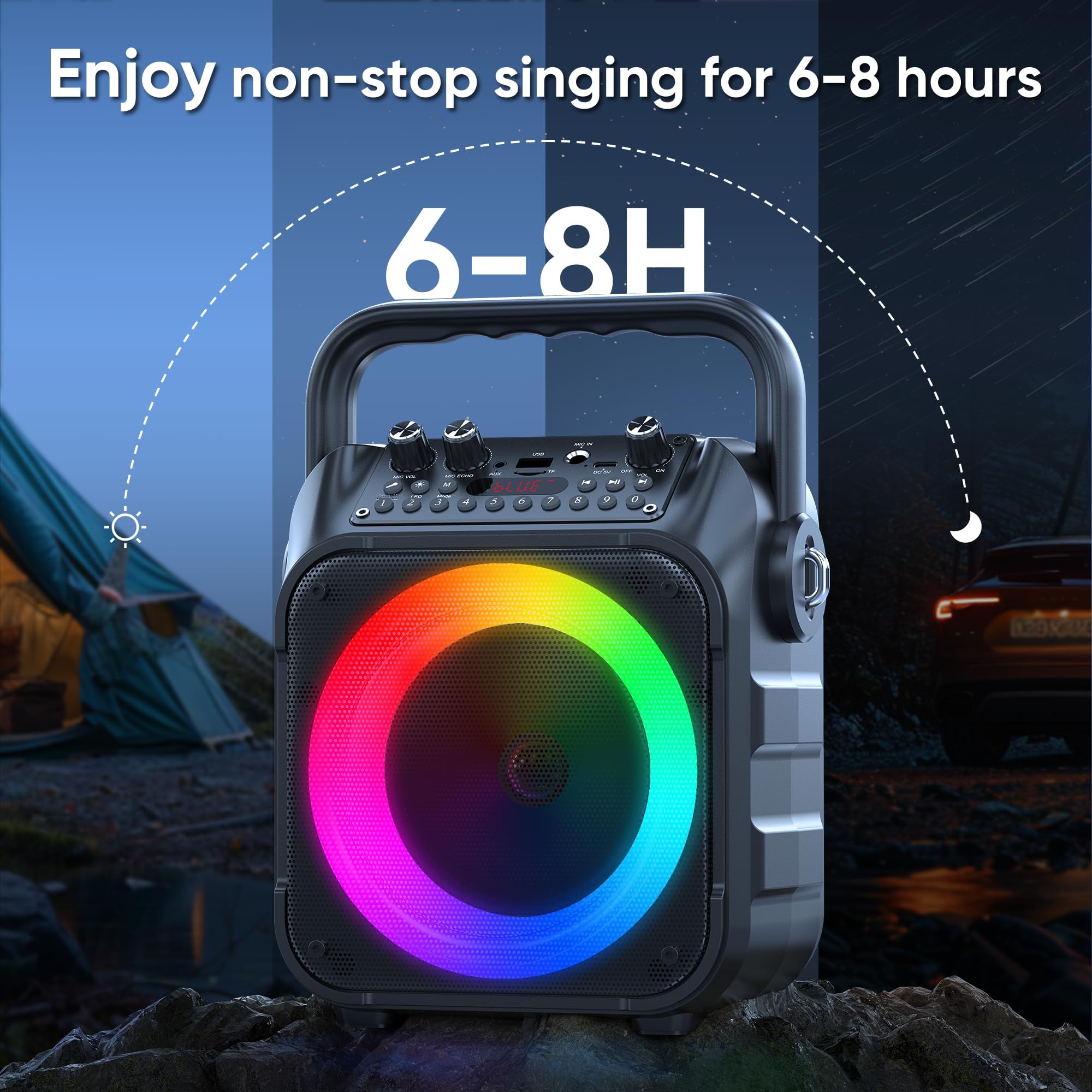 Karaoke, Altoparlante Portatile Bluetooth per Adulti con 2 Microfoni Senza Fili, Sistema PA per Adulti e Bambini con Luci LED per Feste (Nero)