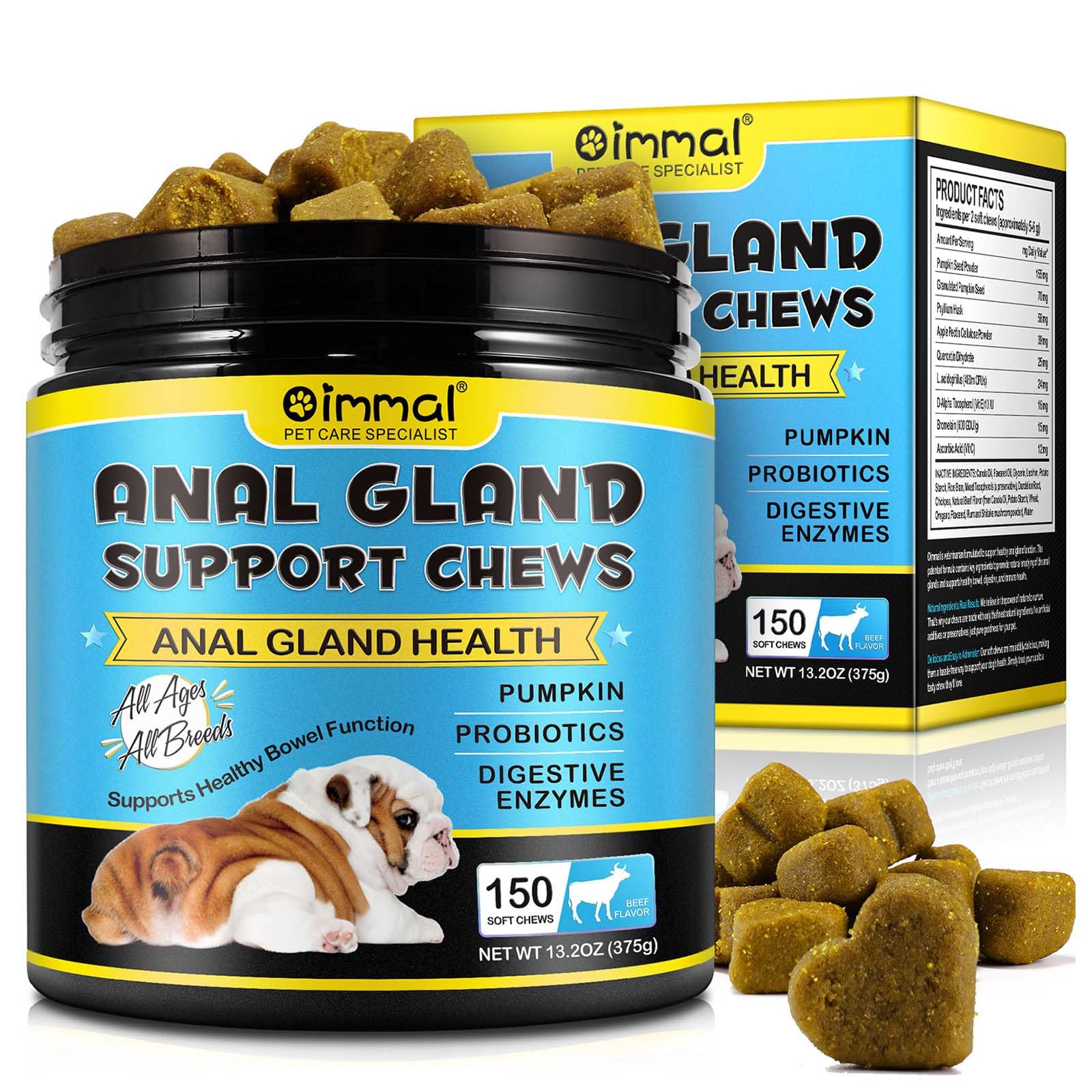 Anal Gland Support for Dogs, 150 PCS Anal Gland Supplement Soft Chews with Pumpkin Puree Fiber, Dog Diarrhea Supports Healthy Analgland & Bowel Function with Digestive Enzymes & Probiotics