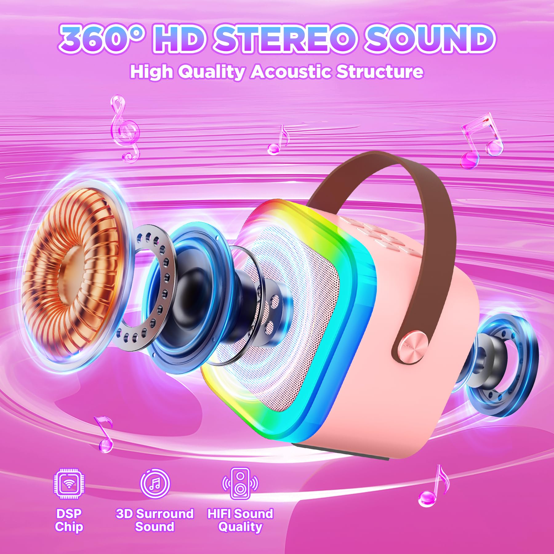 Gontence Karaoke con 2 Microfono Bambini - Macchina Musicale con Luce LED - Regalo per Bambine 3-12 Anni - Giocattolo Giochi Bambina 3-12 Anni -Mini Microfono Rosa per Karaoke