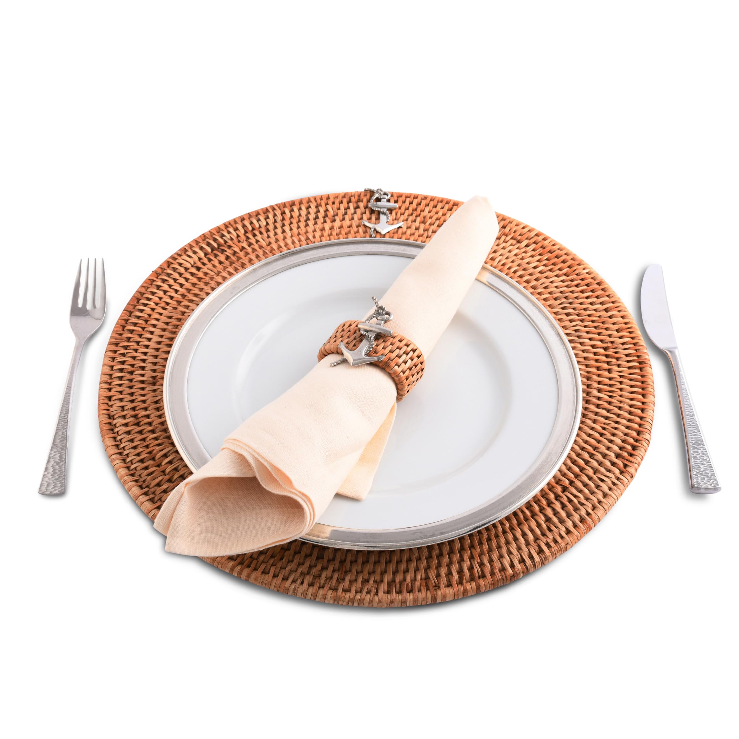 Vagabond House Large Woven Rattan Placemats Set of 4, Durable Wicker Placemats with Pewter Anchor Accent, Quality Rattan Chargers, Ideal for Coastal Beach Home