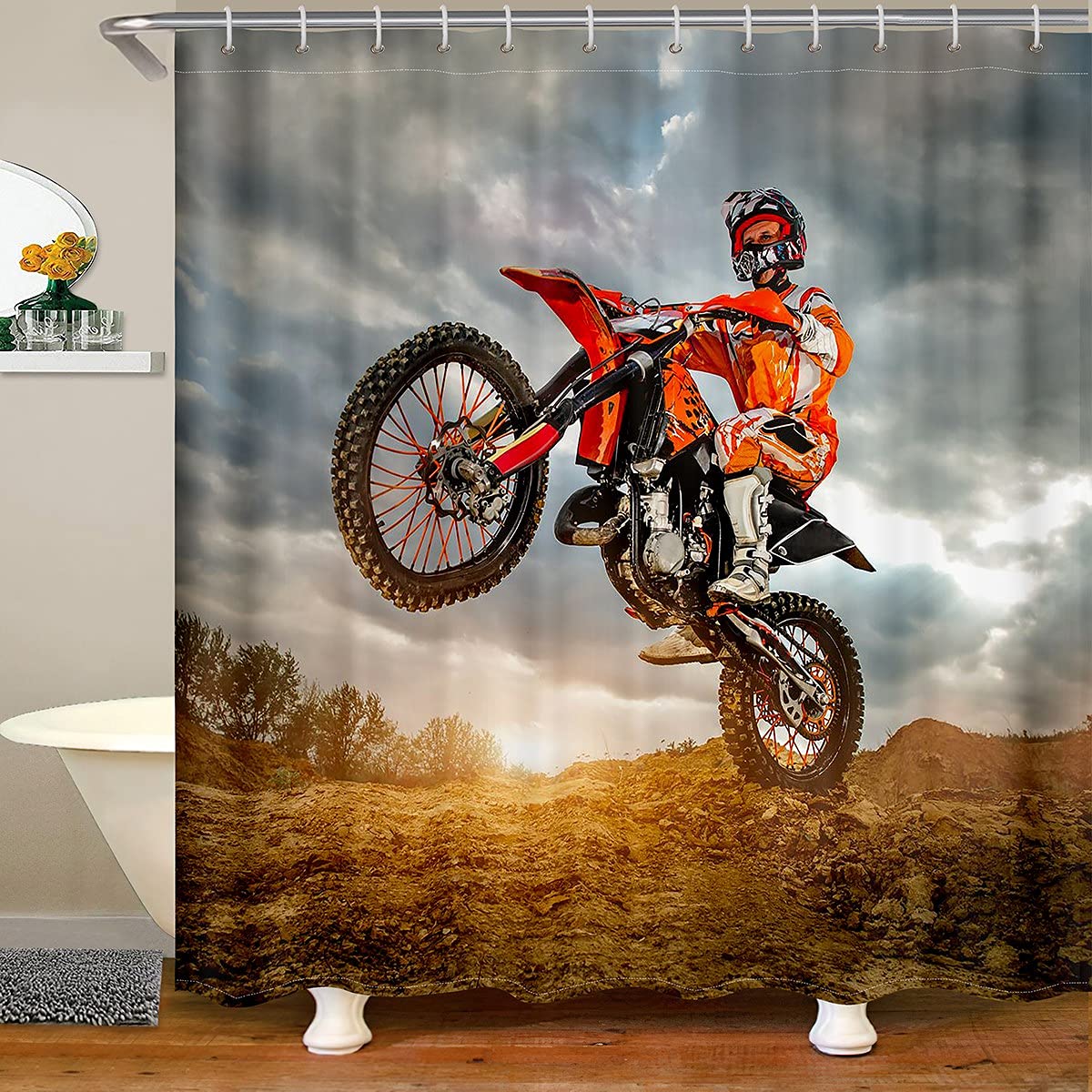Homemissing Motocross Rider Shower Curtain Extreme Sports Bath Curtain for Kids Adult Motocross Illustration Waterproof Bathroom Curtains Fabric Shower Curtains Stalls Motorcycle 72x94 Inch