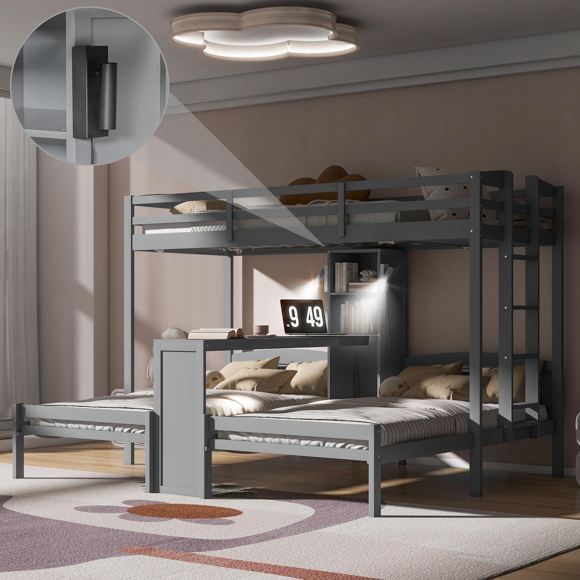 VilroCaz Twin Over Twin &amp; Twin Bunk Bed with Built-in Desk and Storage Shelves, 3 Beds in 1 Design Solid Wood Triple Bunk Bed with Reading Lamp and Guardrails for Kids Teens Aldults (Gray-2.14)