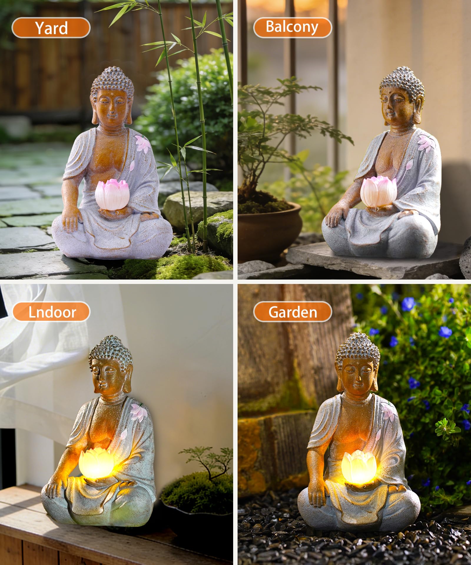 Goodeco Statua solare di Buddha con luci di loto Phink – 21 cm | Ornamenti zen seduti per patio, cortile, balcone, giardino, decorazione, regalo per donne, uomini, meditazione, bianco